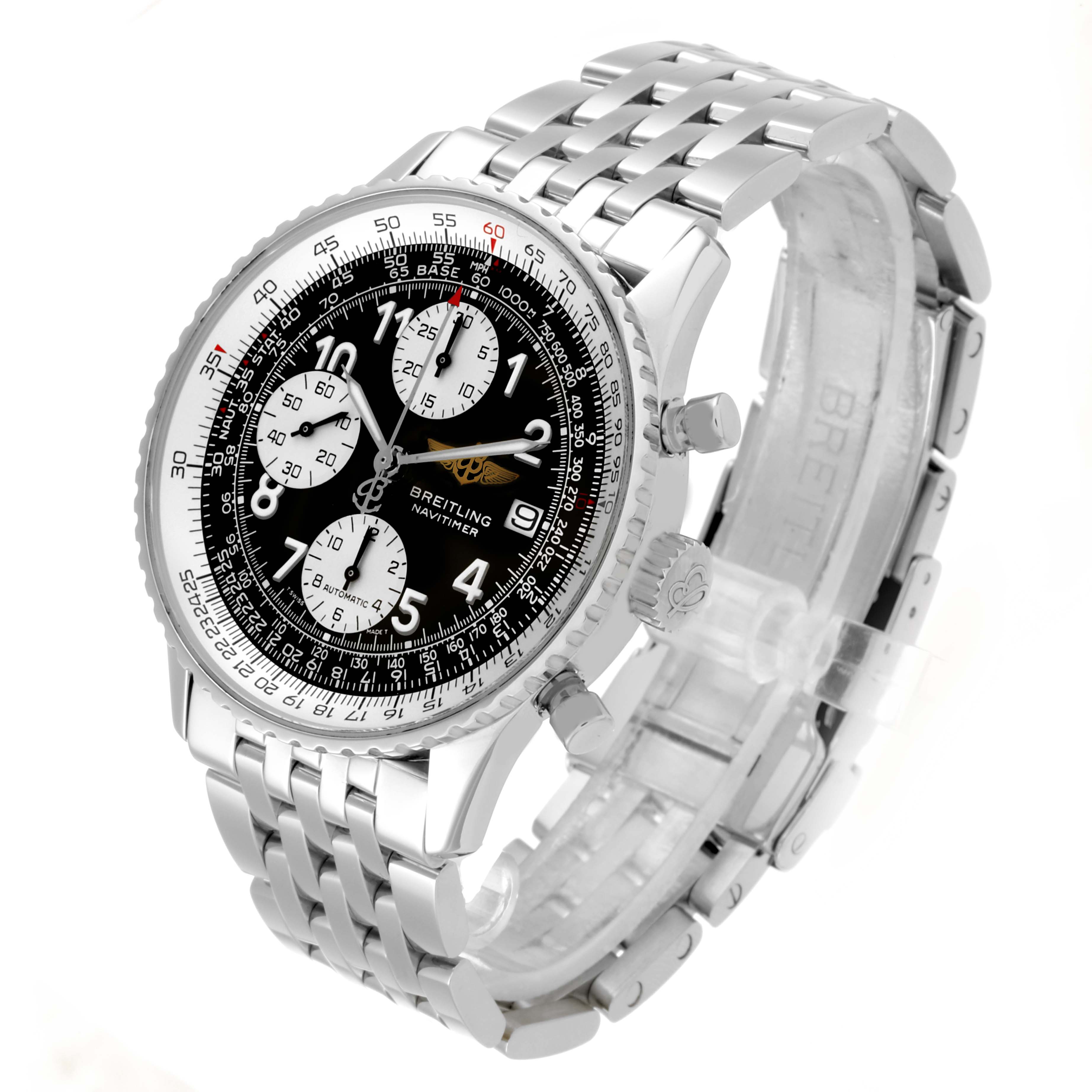 The Breitling Navitimer A13322 Men's Stainless Steel Black Dial A13322 Men's Stainless Steel Black Dial watch is shown at a three-quarter angle, displaying its face, bezel, chronograph dials, and metal bracelet.