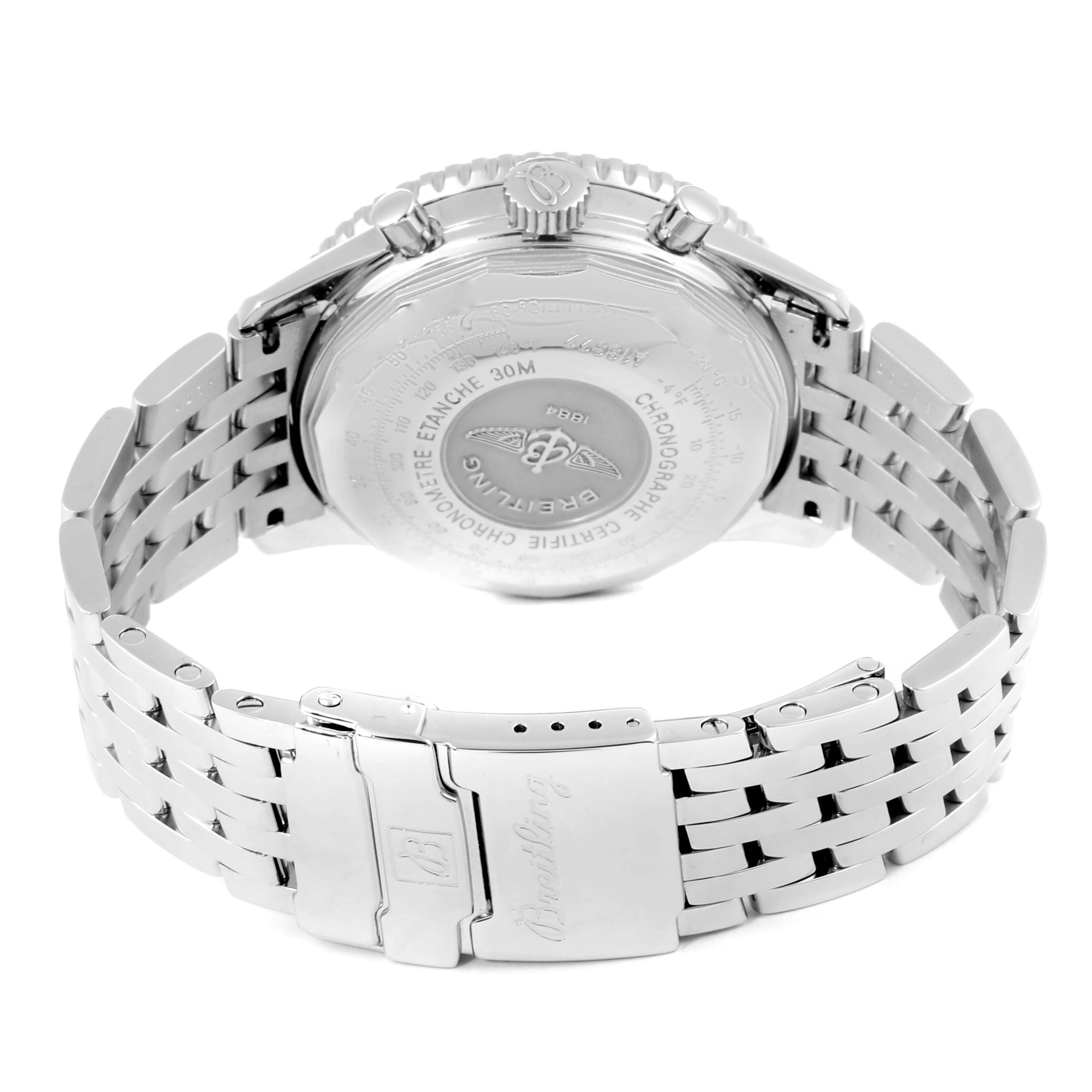 The image shows the back view of a Breitling Navitimer A13322 Men's Stainless Steel Black Dial A13322 Men's Stainless Steel Black Dial watch, highlighting its case back, crown, and metal bracelet.