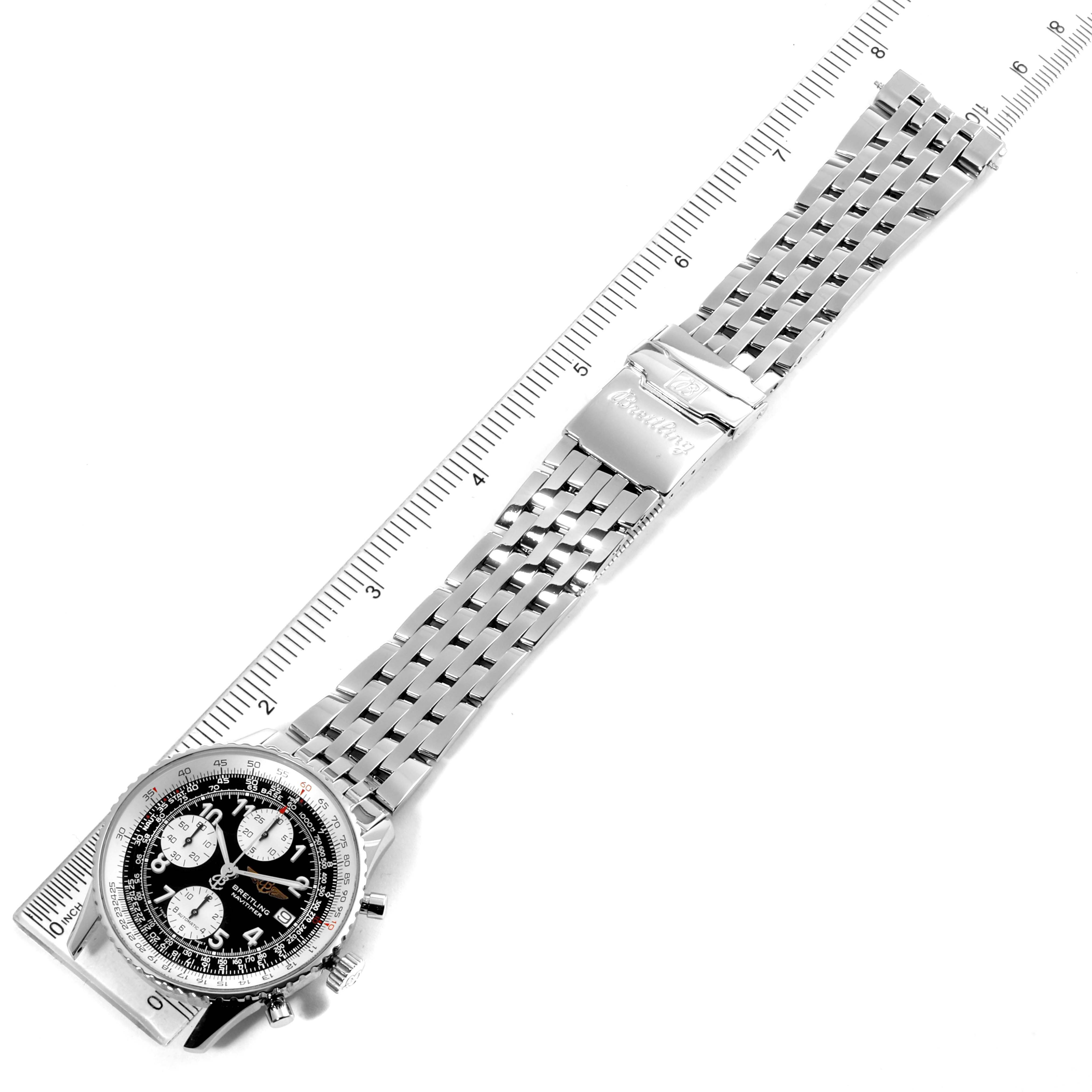 The image shows a top-down view of a Breitling Navitimer A13322 Men's Stainless Steel Black Dial A13322 Men's Stainless Steel Black Dial watch, showcasing its face, bezel, and metal bracelet with a clasp.