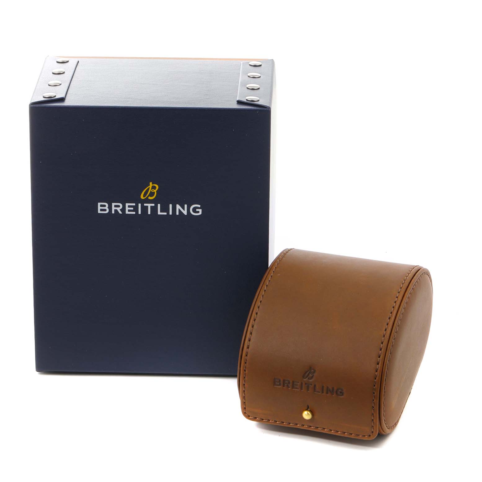 The image shows the box and leather travel case for the Breitling Navitimer A13322 Men's Stainless Steel Black Dial A13322 Men's Stainless Steel Black Dial watch.