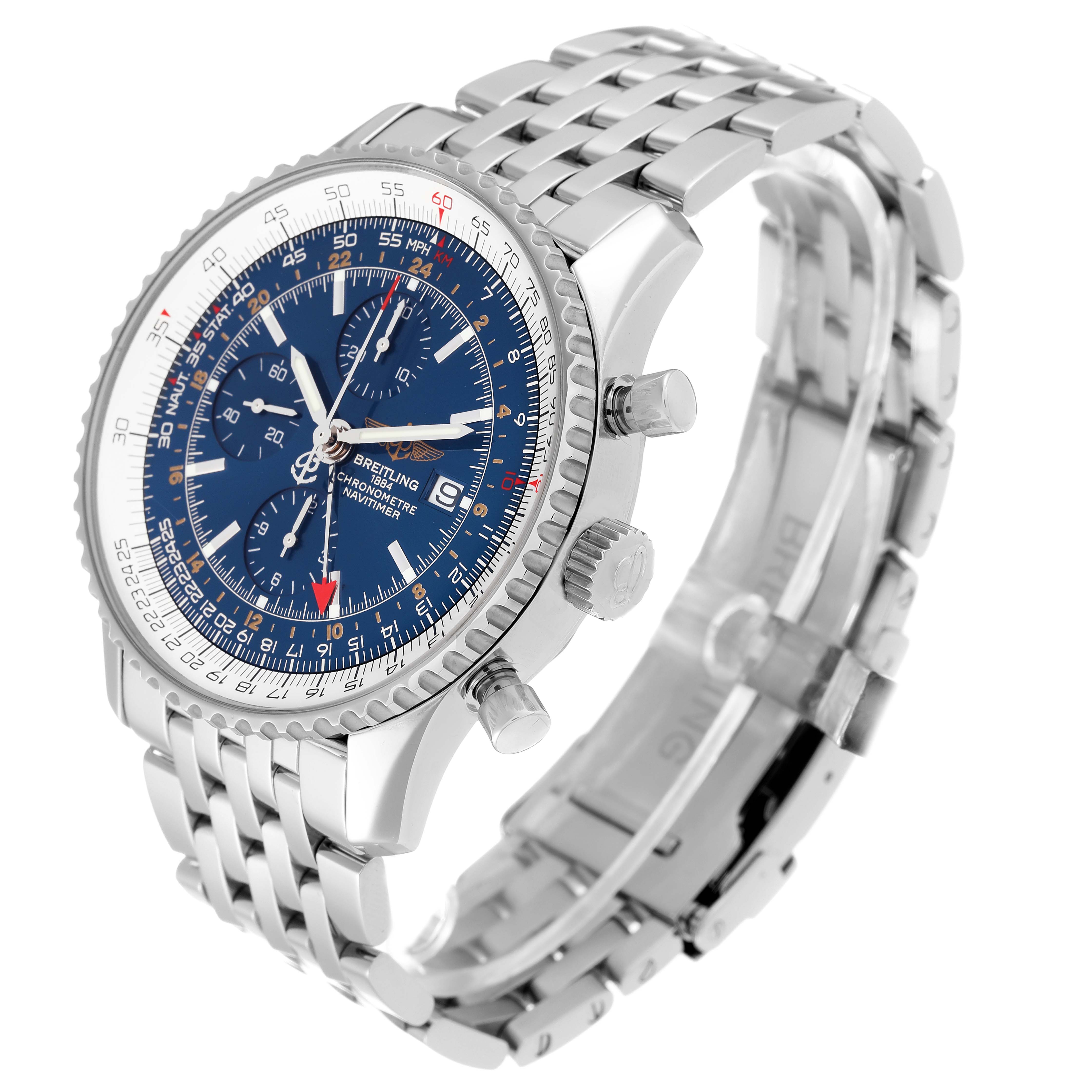 The Breitling Navitimer A24322 Men
s Stainless Steel Blue Dial A24322 Men
s Stainless Steel Blue Dial watch is shown in a three-quarter angle displaying the face, bezel, and part of the bracelet.