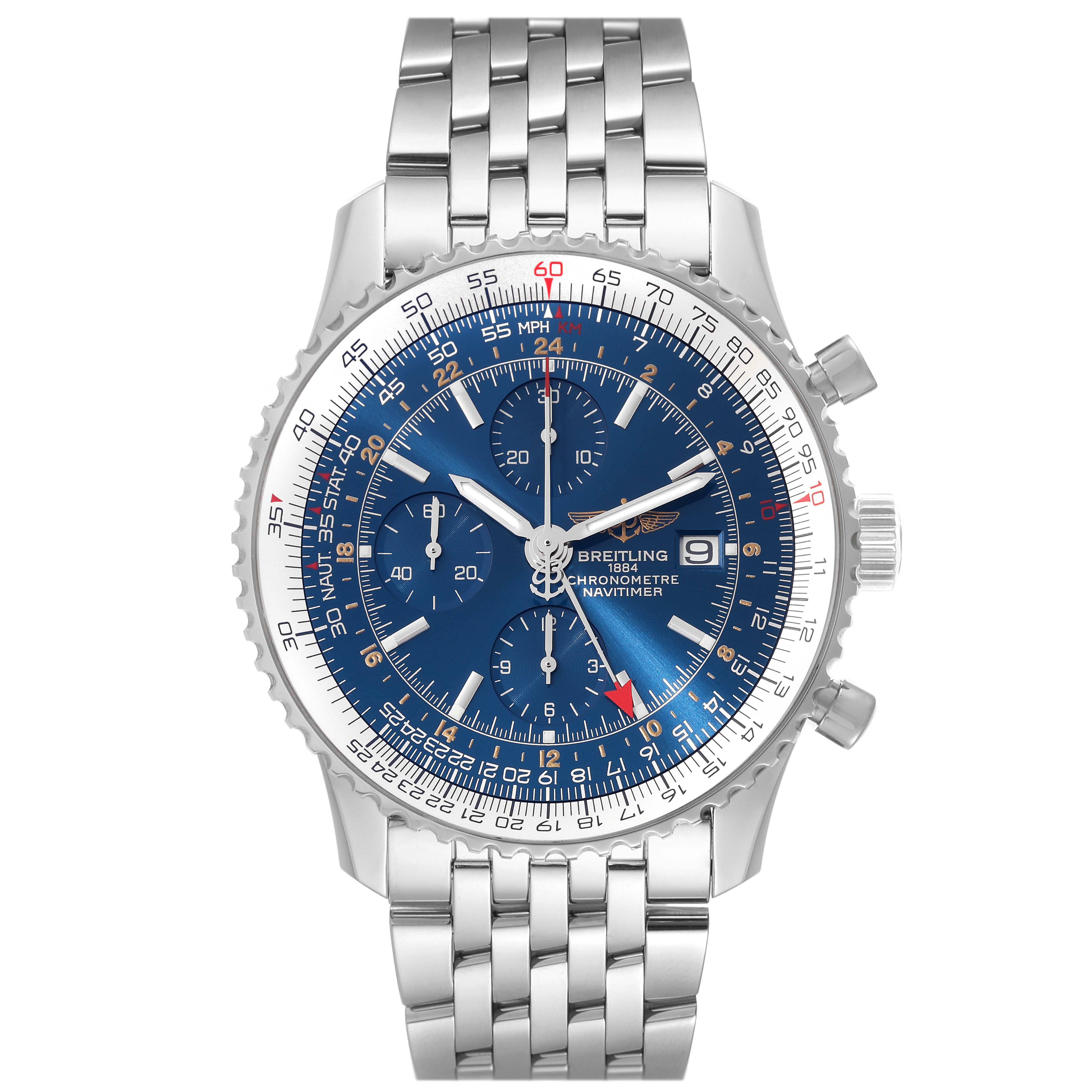 The image shows a front view of the Breitling Navitimer A24322 Men
s Stainless Steel Blue Dial A24322 Men
s Stainless Steel Blue Dial watch, highlighting its blue dial, chronograph subdials, and metal bracelet.
