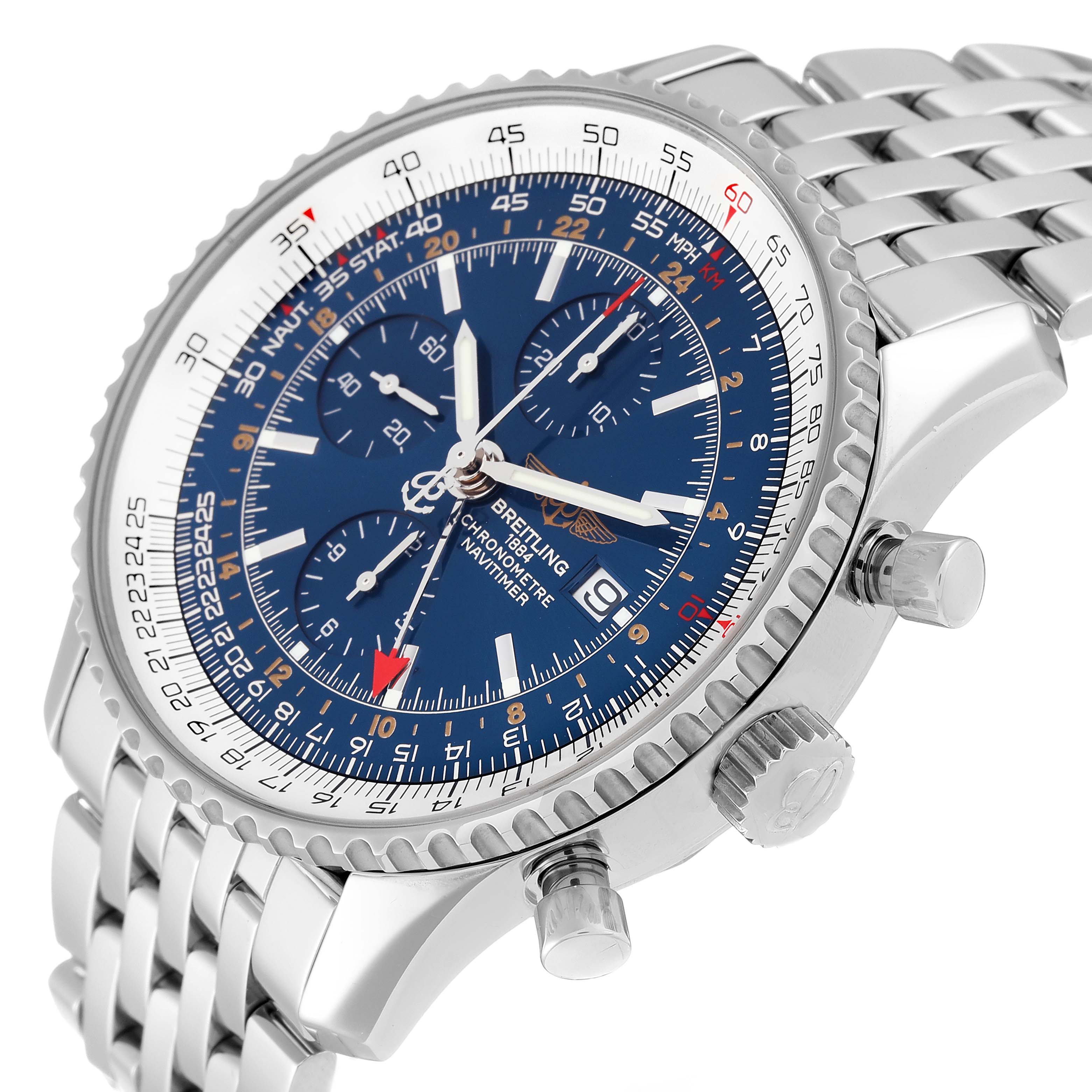 The image shows a Breitling Navitimer A24322 Men
s Stainless Steel Blue Dial A24322 Men
s Stainless Steel Blue Dial watch at a three-quarter angle, highlighting its blue dial, bezel, and metal bracelet.