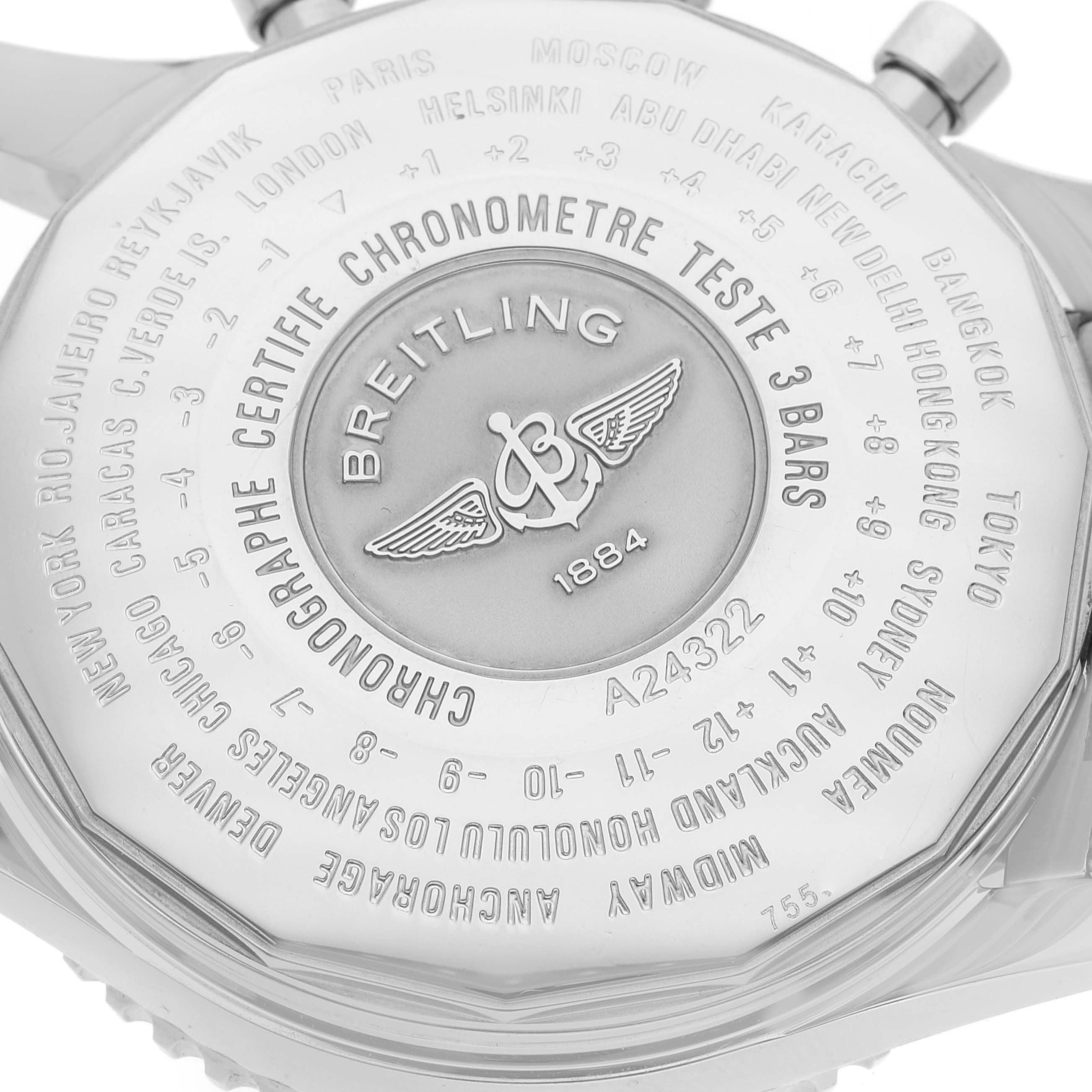 This image shows the embossed back of a Breitling Navitimer A24322 Men
s Stainless Steel Blue Dial A24322 Men
s Stainless Steel Blue Dial watch, featuring the brand
s logo and various world city names.