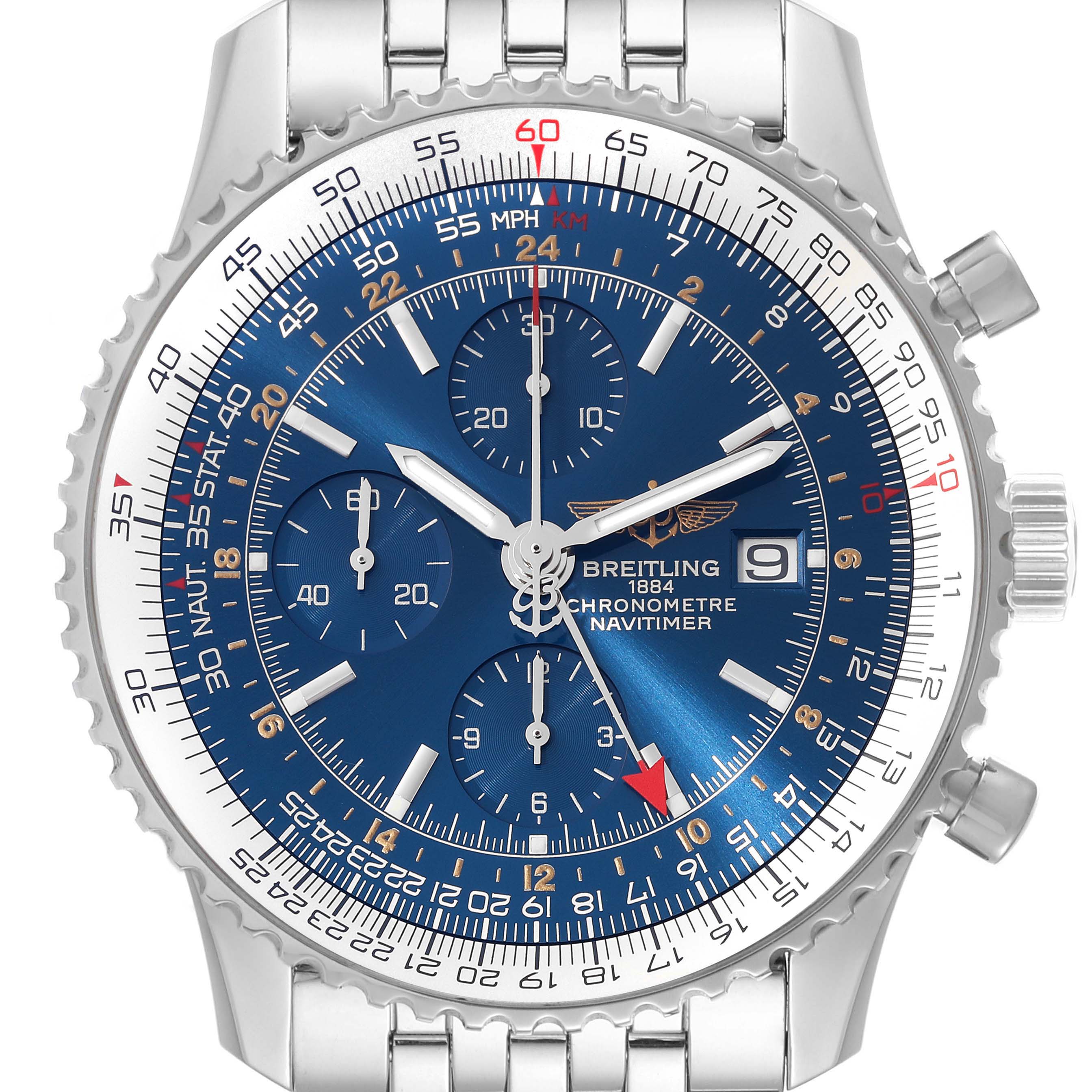 This image shows a front view of the Breitling Navitimer A24322 Men
s Stainless Steel Blue Dial A24322 Men
s Stainless Steel Blue Dial chronograph watch, displaying its bezel, dial, subdials, hands, and date window.