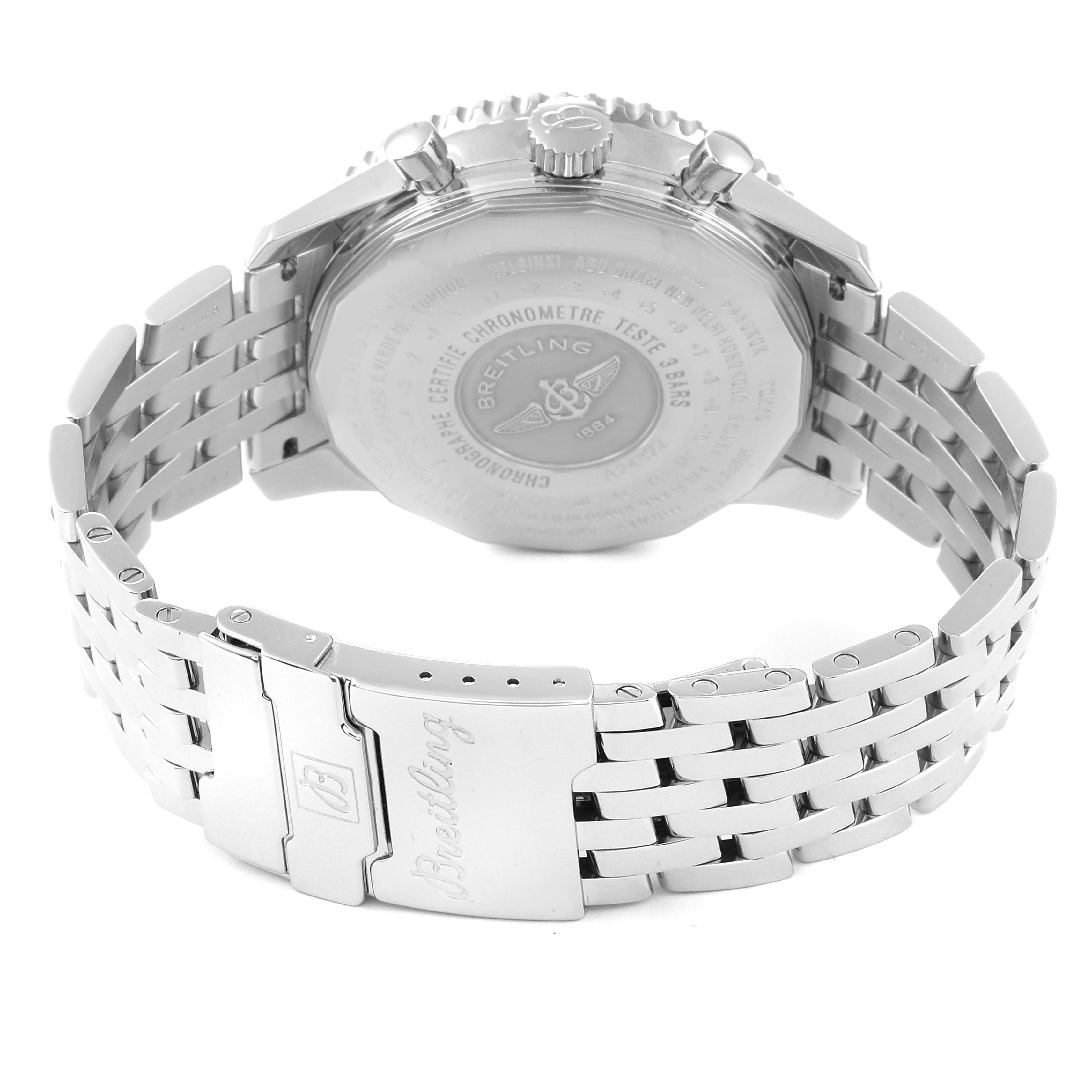 The image shows the back and clasp of a Breitling Navitimer A24322 Men
s Stainless Steel Blue Dial A24322 Men
s Stainless Steel Blue Dial watch, highlighting the engraved case back and metal bracelet.