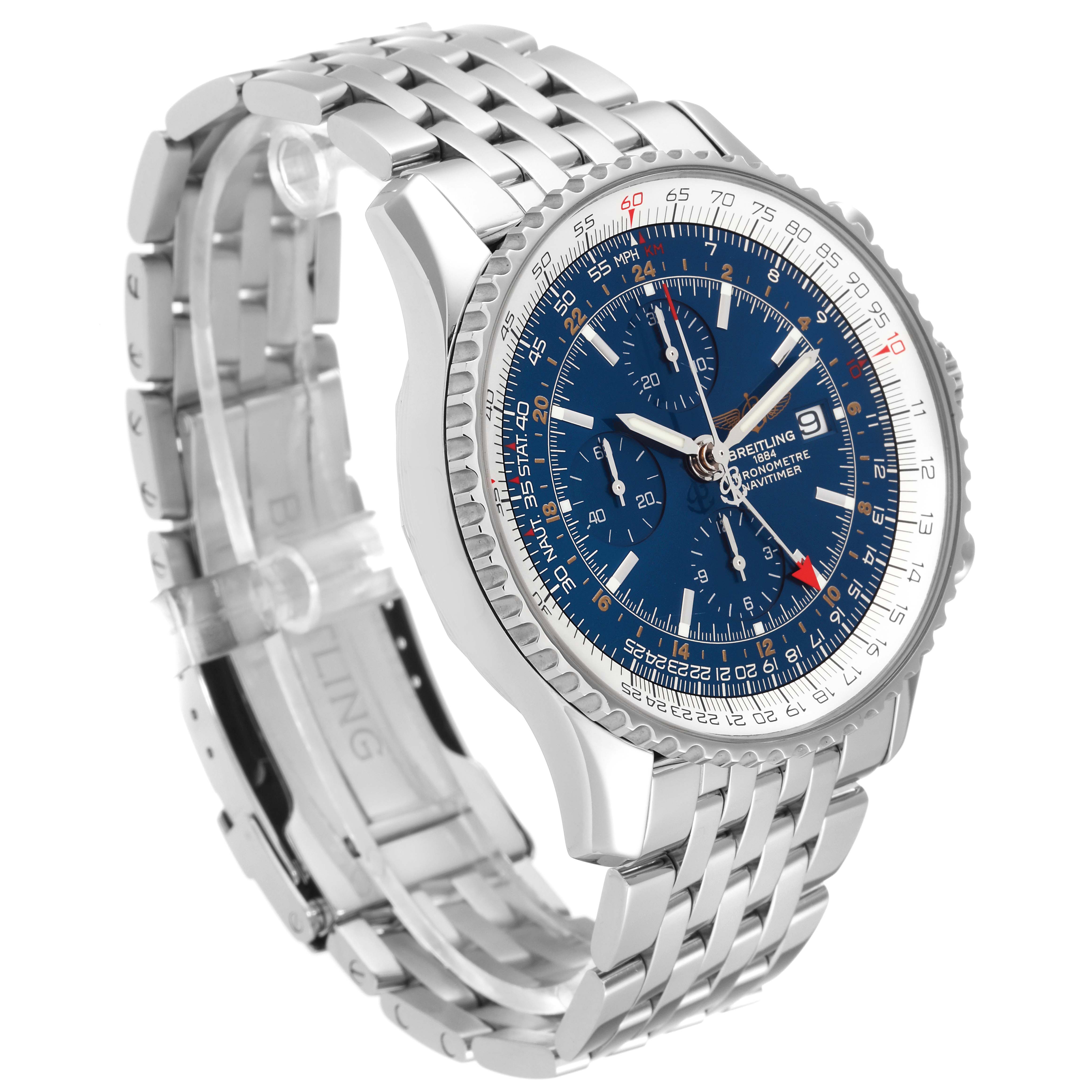 The image shows a side and front view angle of a Breitling Navitimer A24322 Men
s Stainless Steel Blue Dial A24322 Men
s Stainless Steel Blue Dial with a stainless steel bracelet and blue dial.