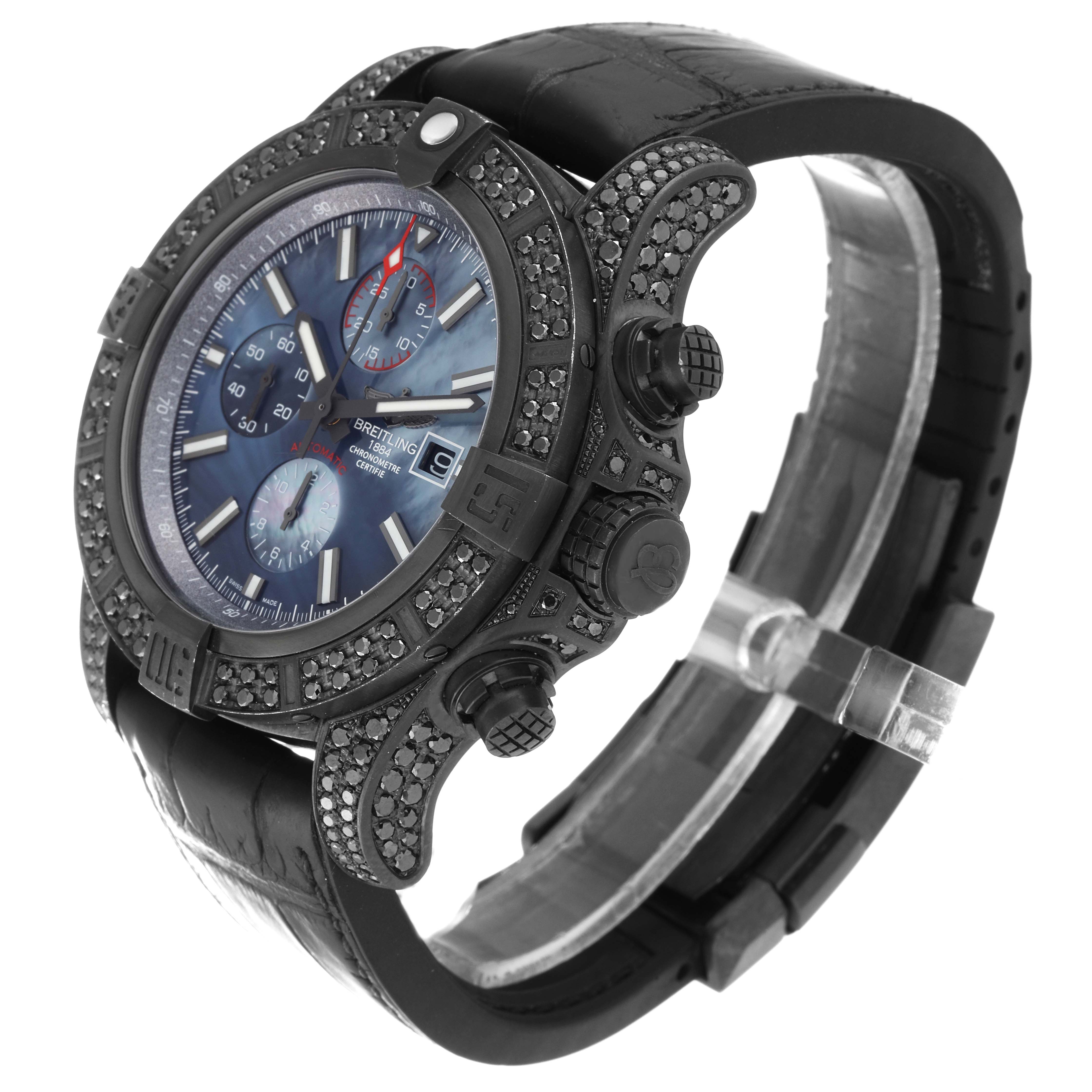 The image shows a side angle of a Breitling Avenger M13371BU/BE52 Men's Stainless Steel Mother of Pearl Dial M13371BU/BE52 Men's Stainless Steel Mother of Pearl Dial watch, highlighting its bezel, dial, crown, and black strap.