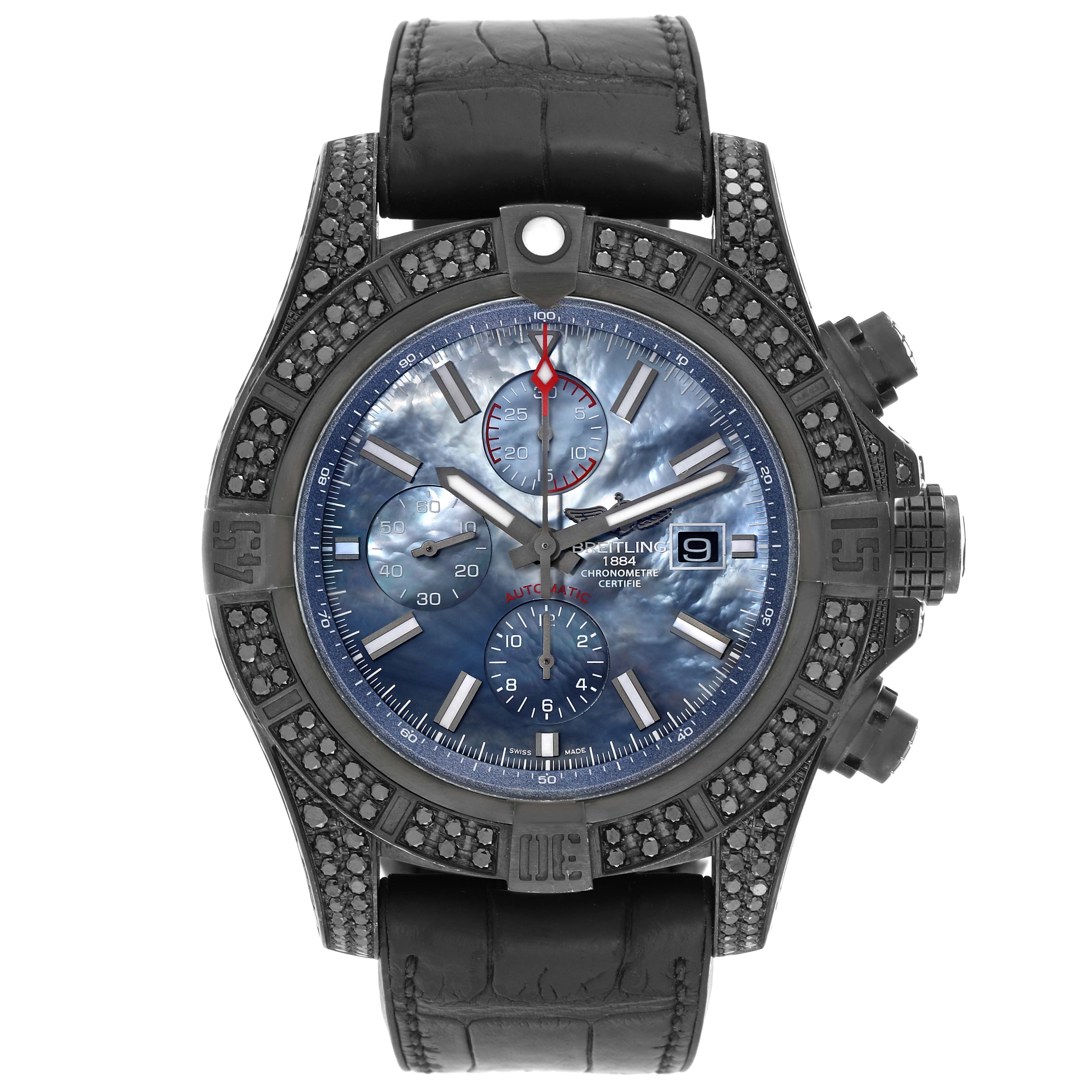 This image shows a front view of the Breitling Avenger M13371BU/BE52 Men's Stainless Steel Mother of Pearl Dial M13371BU/BE52 Men's Stainless Steel Mother of Pearl Dial watch, featuring the dial, bezel, chronograph sub-dials, and leather strap.