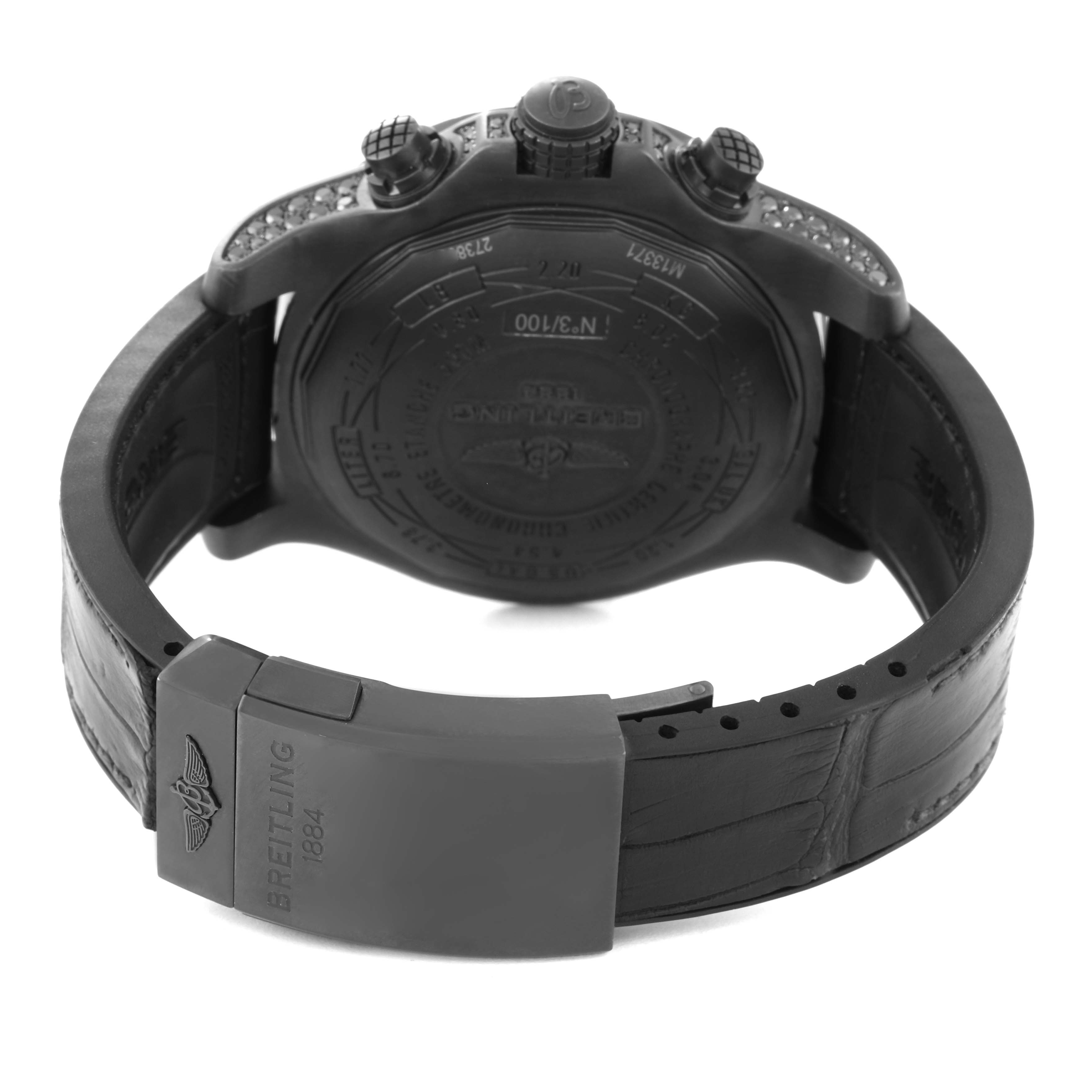 The image shows the back case and clasp of a Breitling Avenger M13371BU/BE52 Men's Stainless Steel Mother of Pearl Dial M13371BU/BE52 Men's Stainless Steel Mother of Pearl Dial watch from a rear angle.