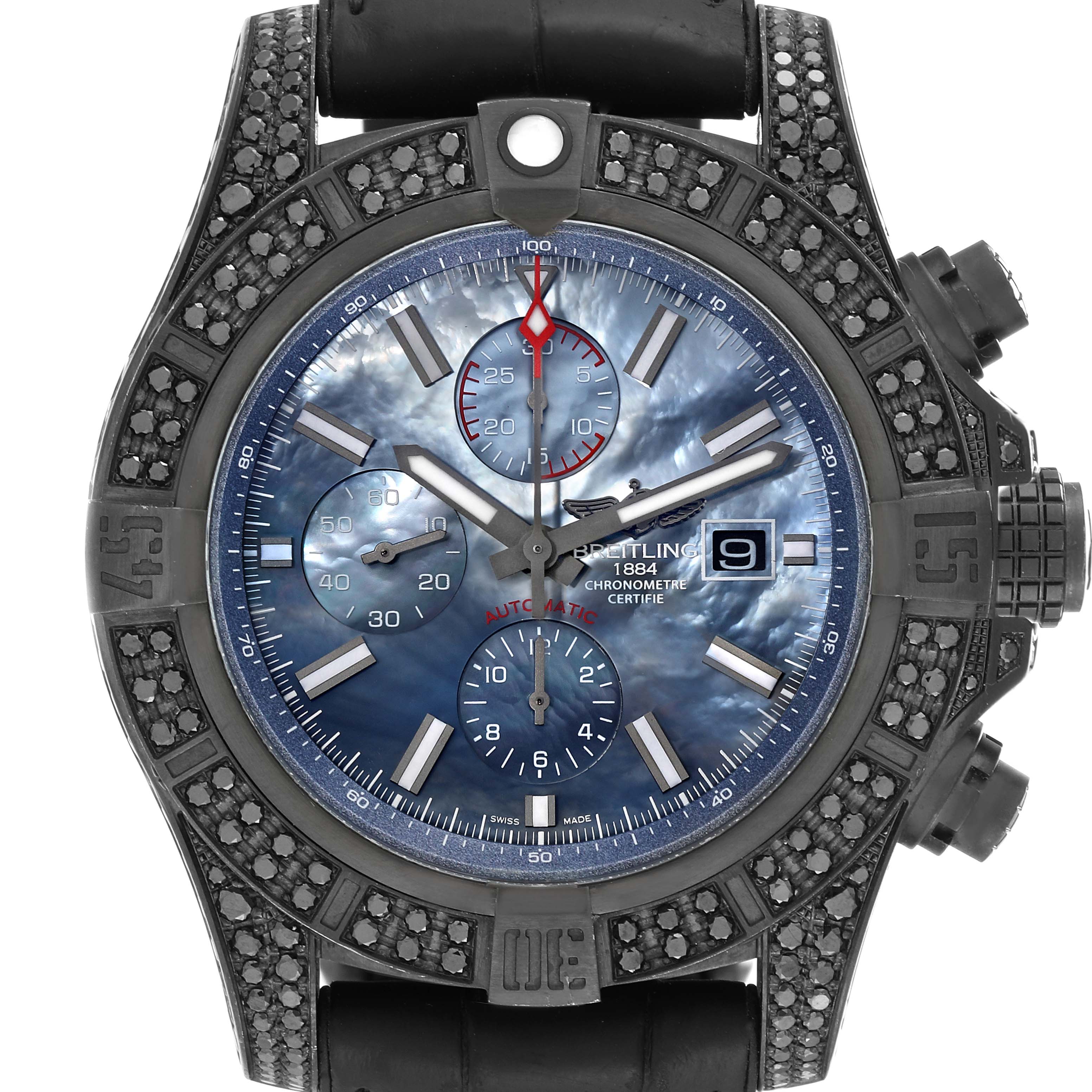 The image shows a close-up front view of a Breitling Avenger M13371BU/BE52 Men's Stainless Steel Mother of Pearl Dial M13371BU/BE52 Men's Stainless Steel Mother of Pearl Dial watch, highlighting the dial, bezel, and date window.