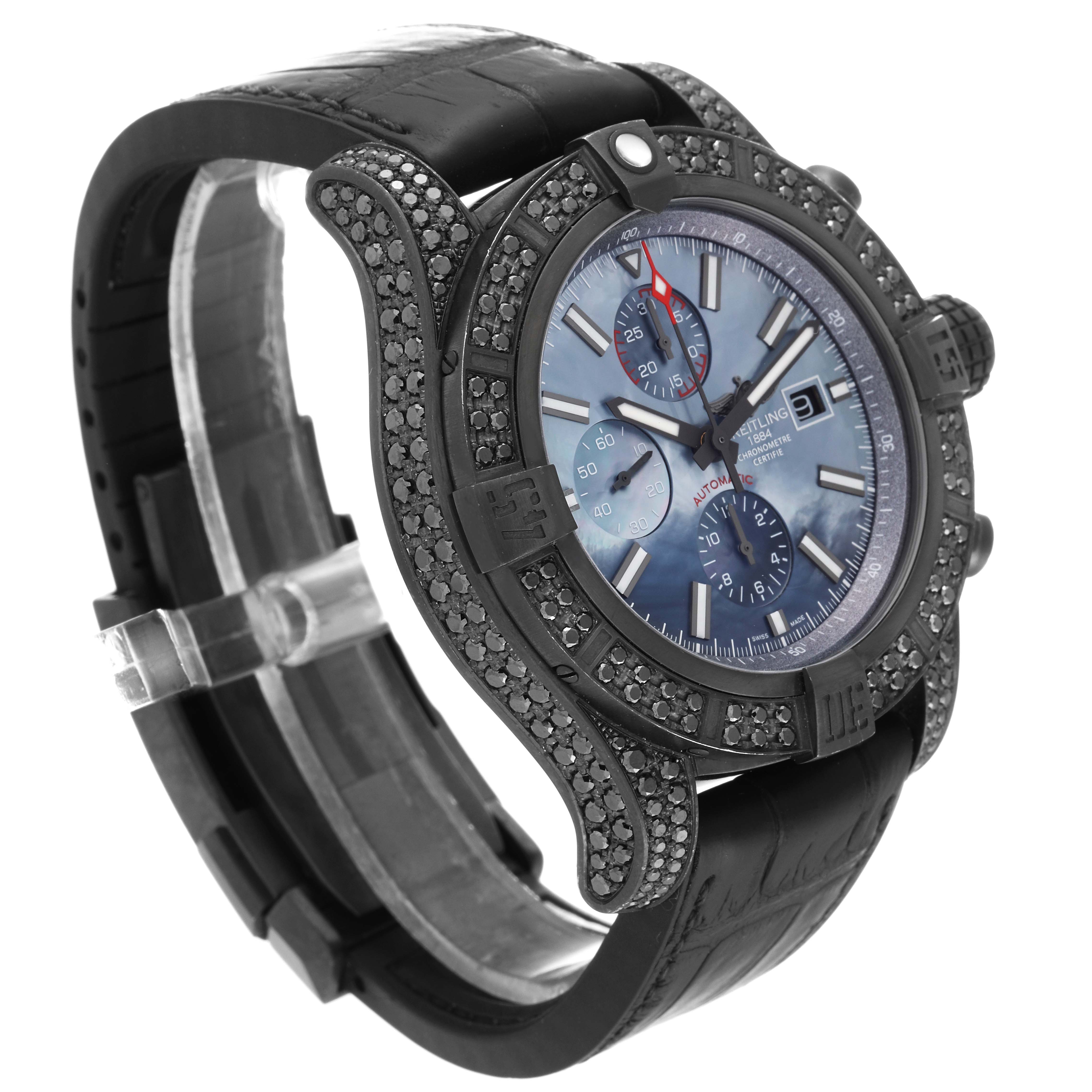 This image shows a Breitling Avenger M13371BU/BE52 Men's Stainless Steel Mother of Pearl Dial M13371BU/BE52 Men's Stainless Steel Mother of Pearl Dial watch angled from the front-left, highlighting the dial, bezels, and watch strap.