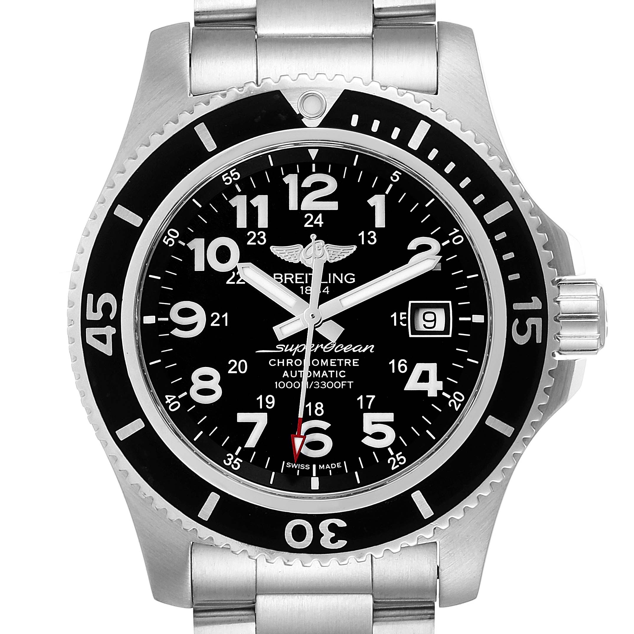 The image shows a frontal view of the Breitling Superocean A17392D8/C910 Men's Stainless Steel Black Dial A17392D8/C910 Men's Stainless Steel Black Dial watch, highlighting its dial, bezel, crown, and part of its bracelet.