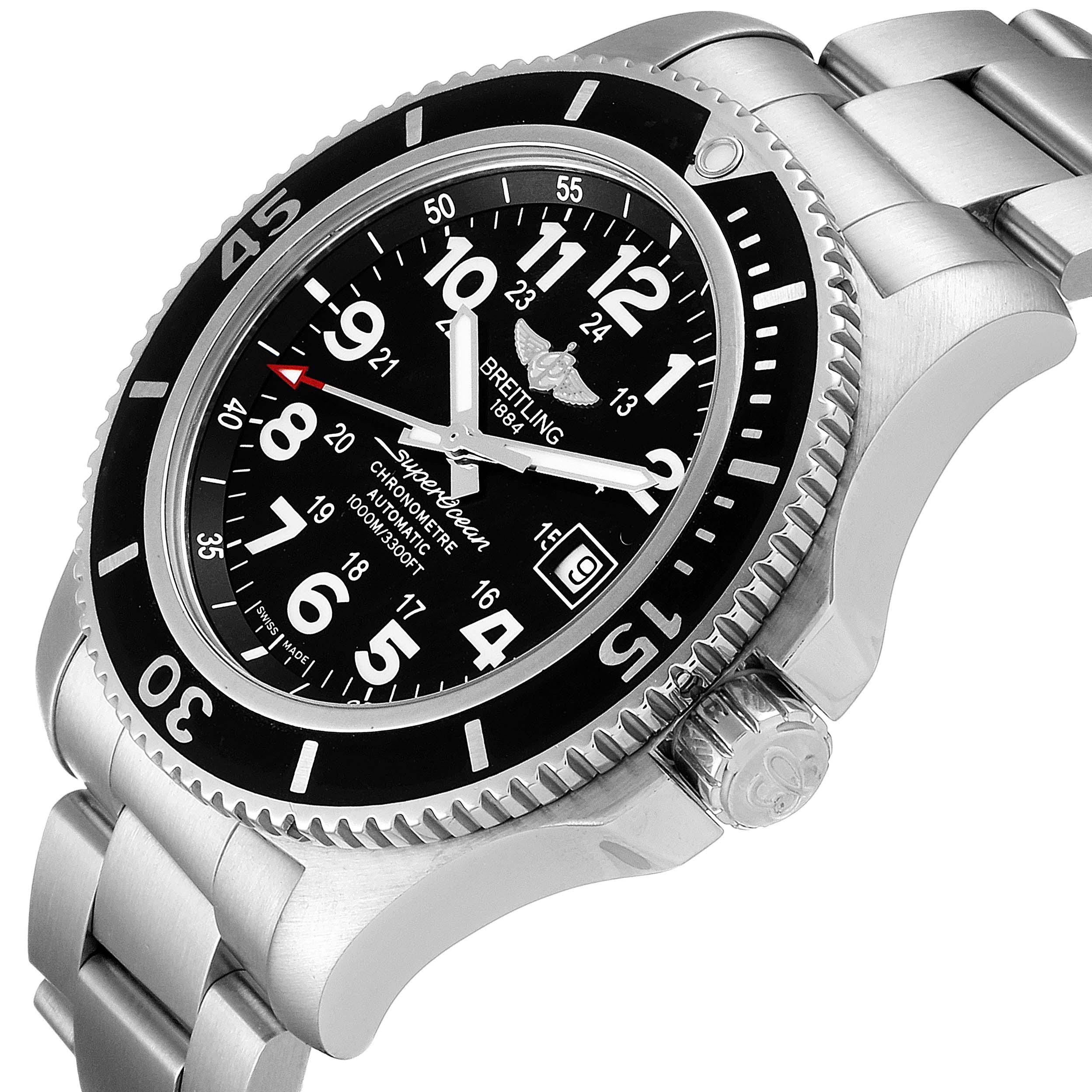 The Breitling Superocean A17392D8/C910 Men's Stainless Steel Black Dial A17392D8/C910 Men's Stainless Steel Black Dial watch is shown from an angled close-up, highlighting its face, bezel, crown, and part of the bracelet.