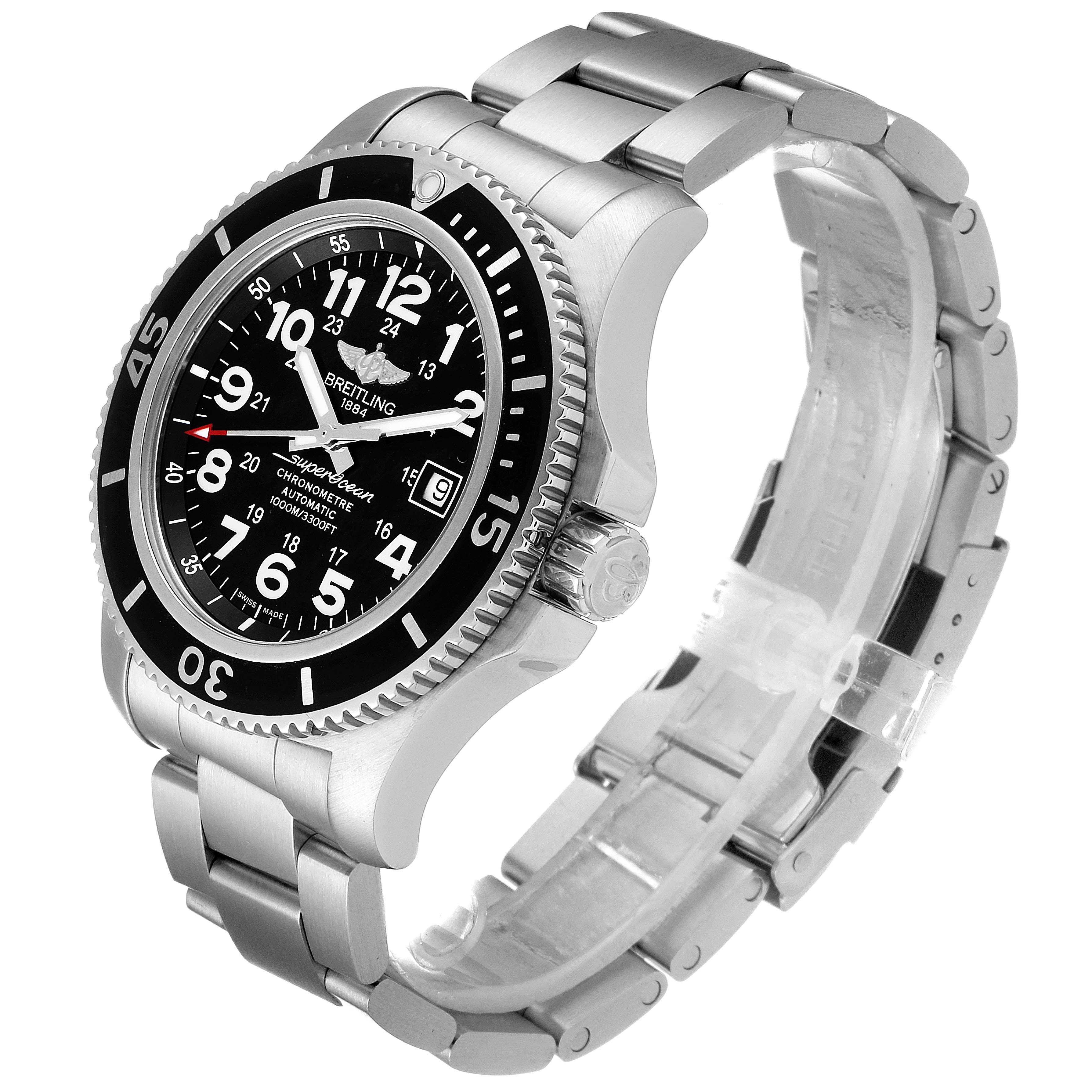 This Breitling Superocean A17392D8/C910 Men's Stainless Steel Black Dial A17392D8/C910 Men's Stainless Steel Black Dial watch is shown at a slight angle, displaying its face, bezel, crown, and metal bracelet.