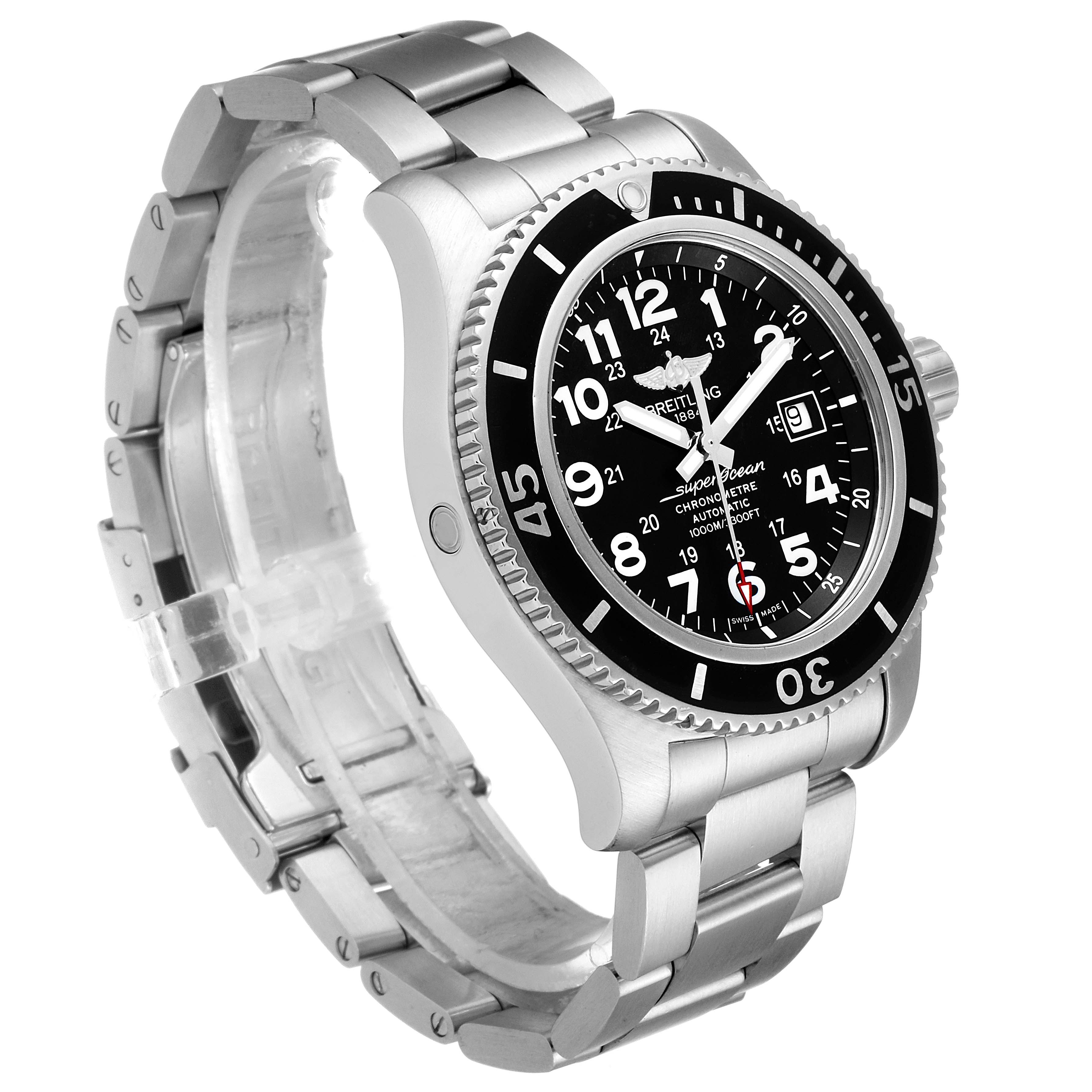 The Breitling Superocean A17392D8/C910 Men's Stainless Steel Black Dial A17392D8/C910 Men's Stainless Steel Black Dial watch is shown at a three-quarter angle, displaying its face, bezel, and metal bracelet.