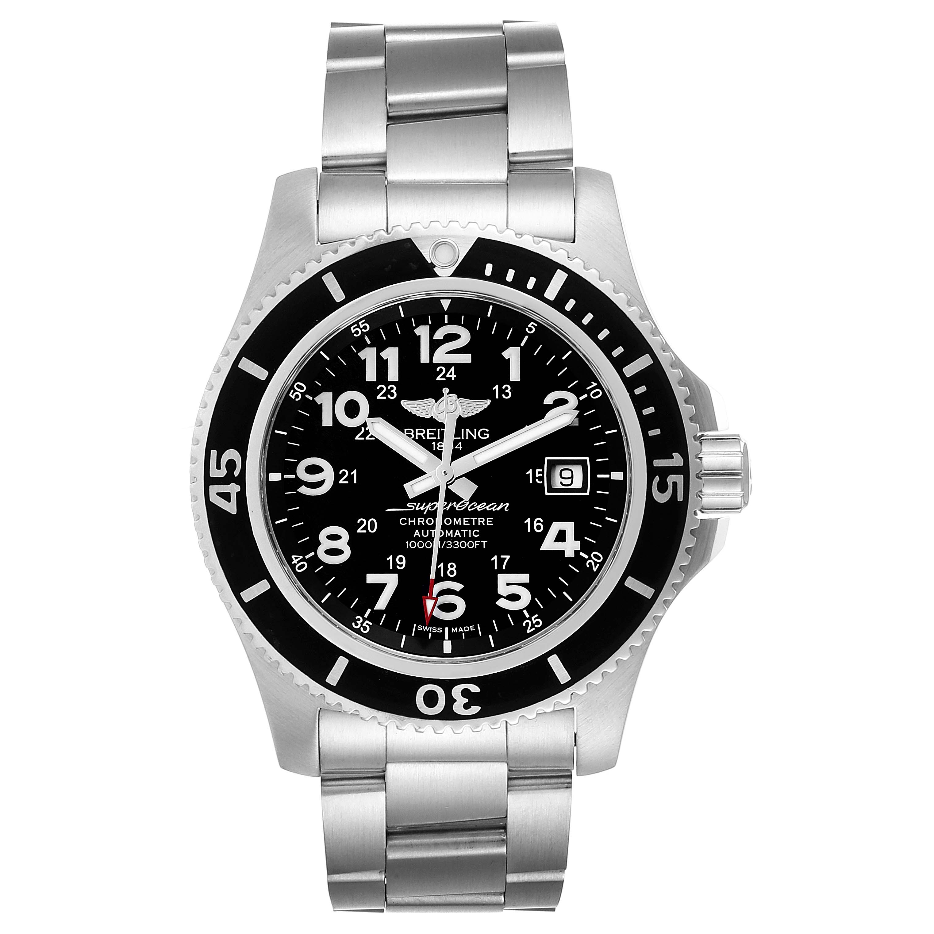 This Breitling Superocean A17392D8/C910 Men's Stainless Steel Black Dial A17392D8/C910 Men's Stainless Steel Black Dial watch is shown from the front, displaying the dial, bezel, and bracelet.