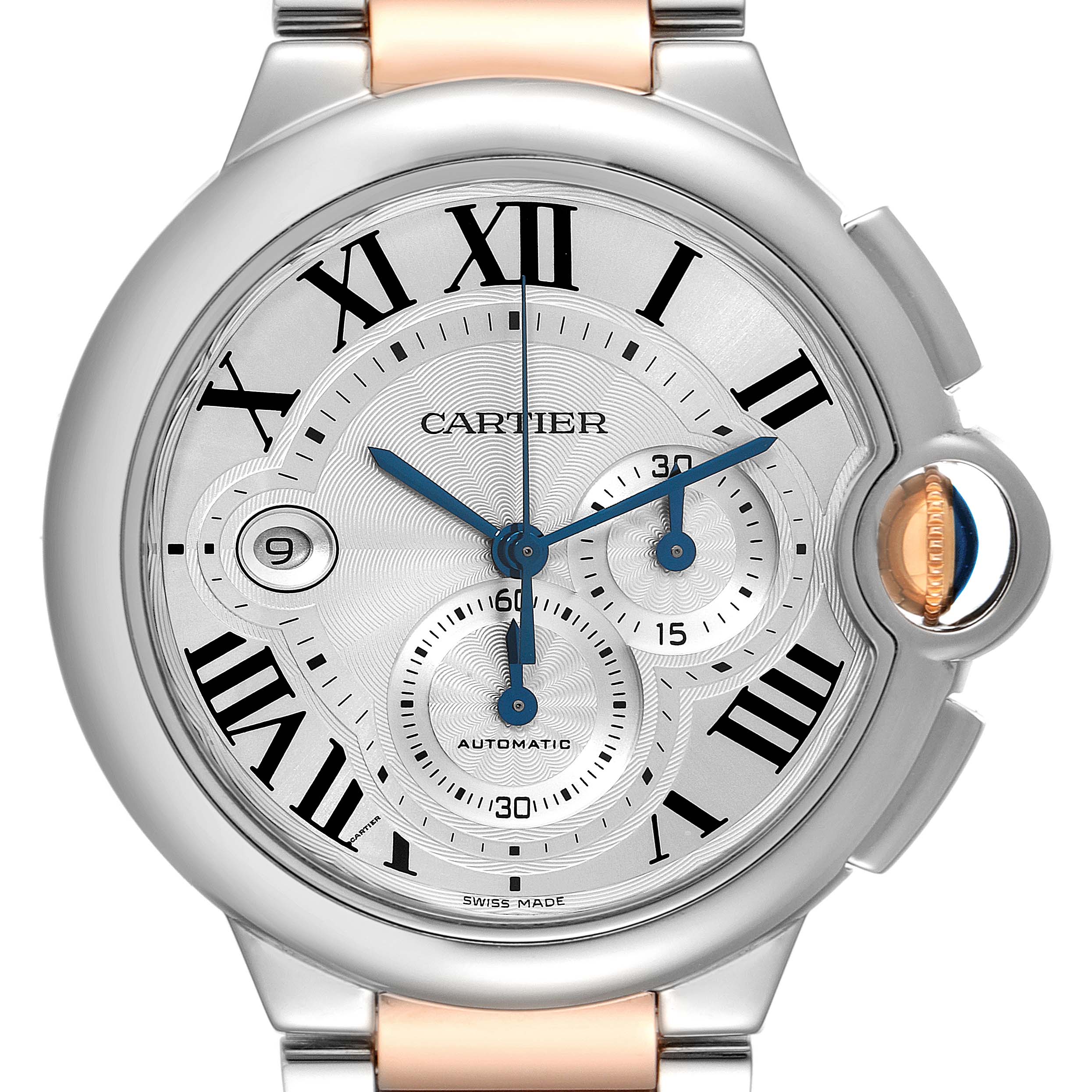 The image shows a close-up of the Cartier Ballon Bleu W6920063 Men
s Steel and Gold (two tone) Silver Dial W6920063 Men
s Steel and Gold (two tone) Silver Dial watch face with Roman numerals and blue hands.