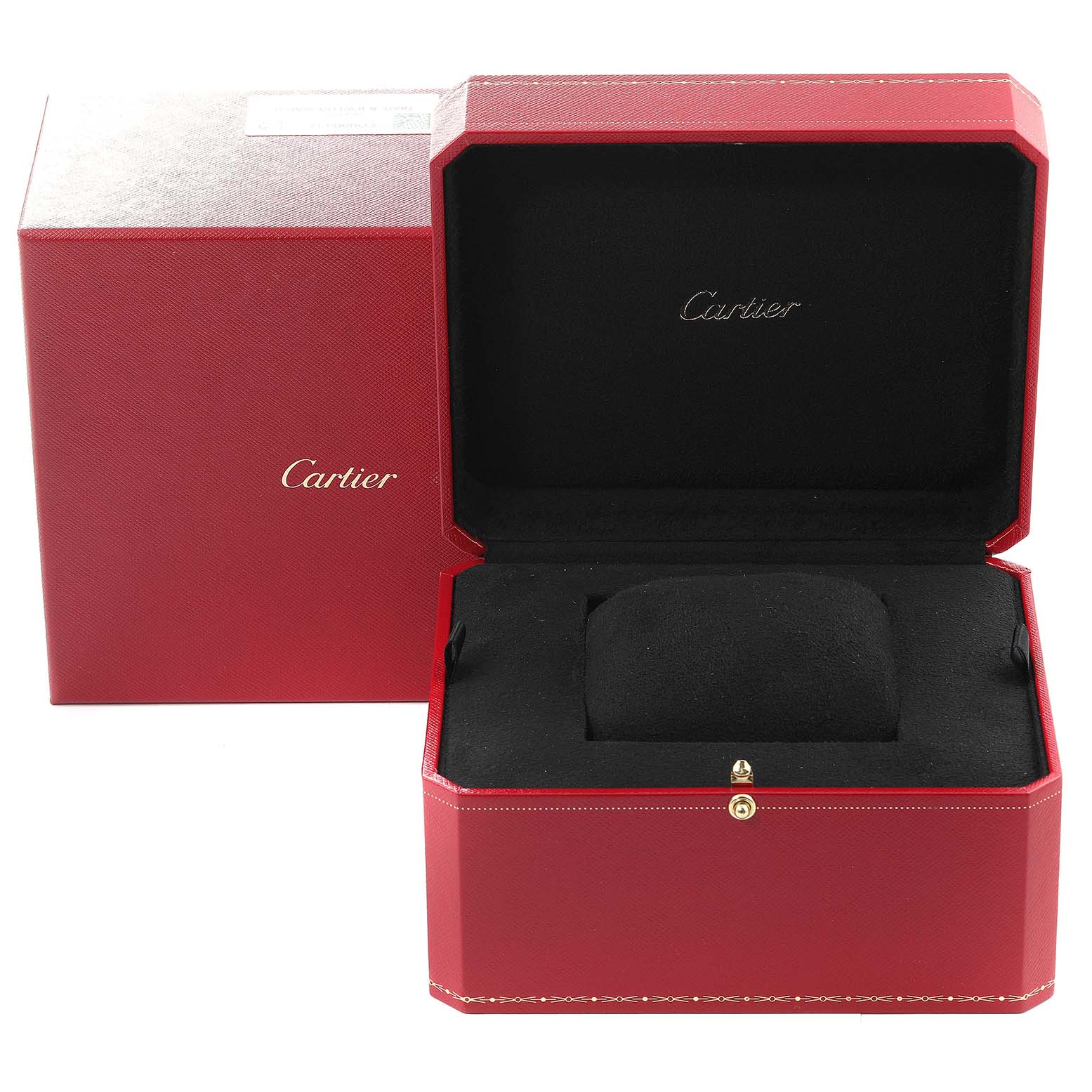 The image shows an open Cartier Ballon Bleu W6920063 Men
s Steel and Gold (two tone) Silver Dial W6920063 Men
s Steel and Gold (two tone) Silver Dial watch box in red with a cushion inside.