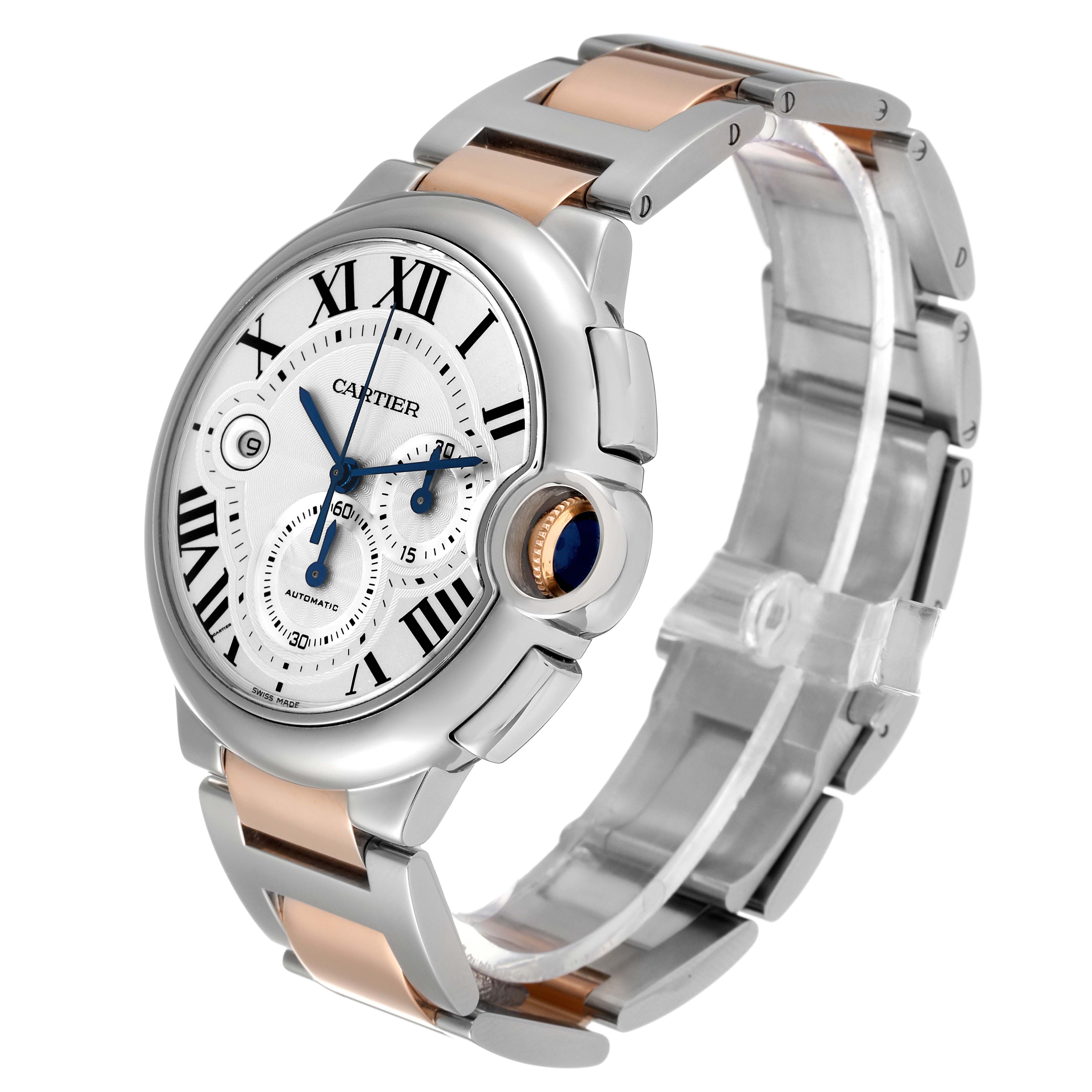The image shows a side and front angle of a Cartier Ballon Bleu W6920063 Men
s Steel and Gold (two tone) Silver Dial W6920063 Men
s Steel and Gold (two tone) Silver Dial watch, highlighting the face, bezel, bracelet, and crown.