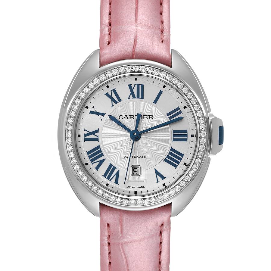 Cartier Cle Silver Guilloche Dial Diamond Steel Ladies Watch W4CL0005 Box Papers SwissWatchExpo