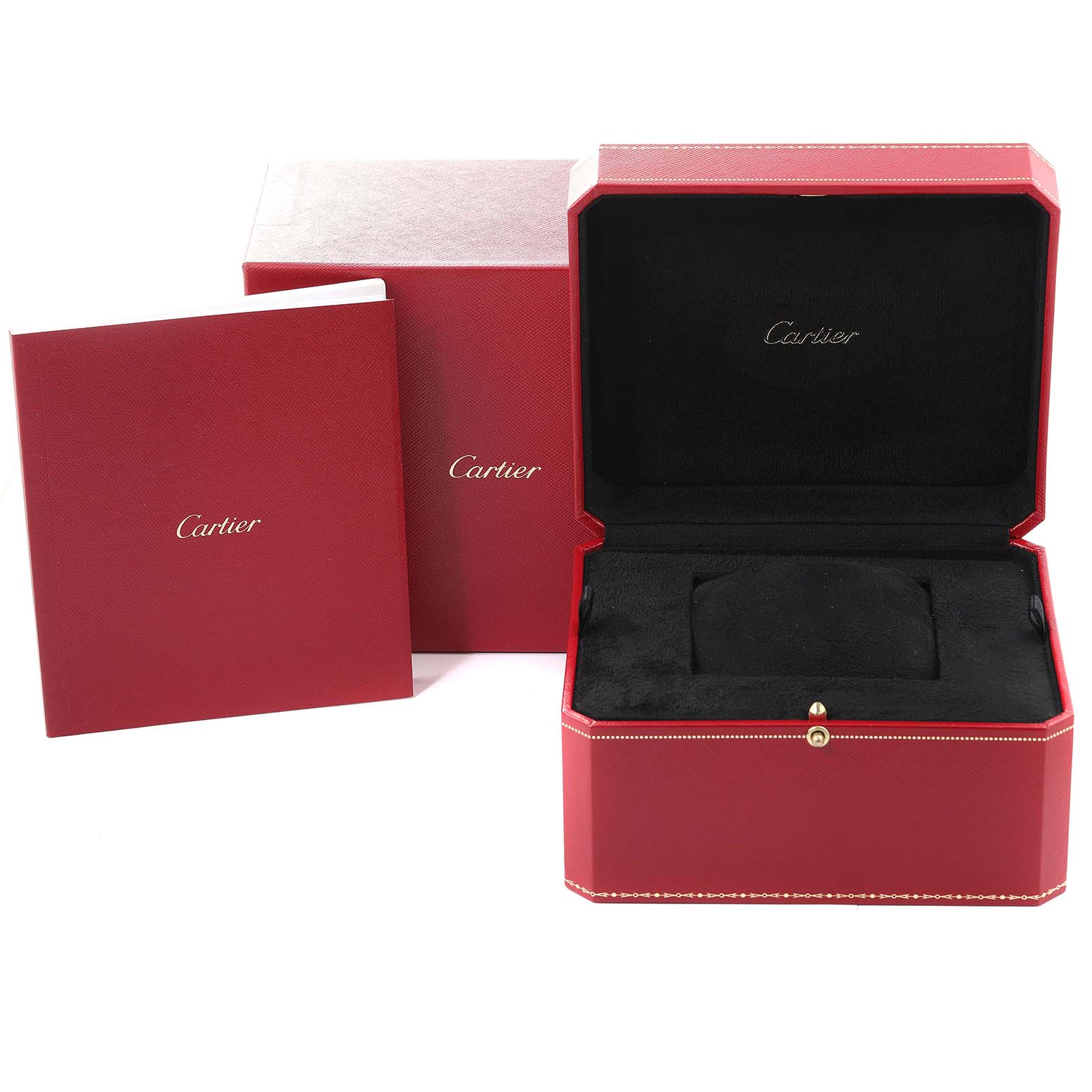 The image shows an open red Cartier watch box and booklet for the Cle model by Cartier.