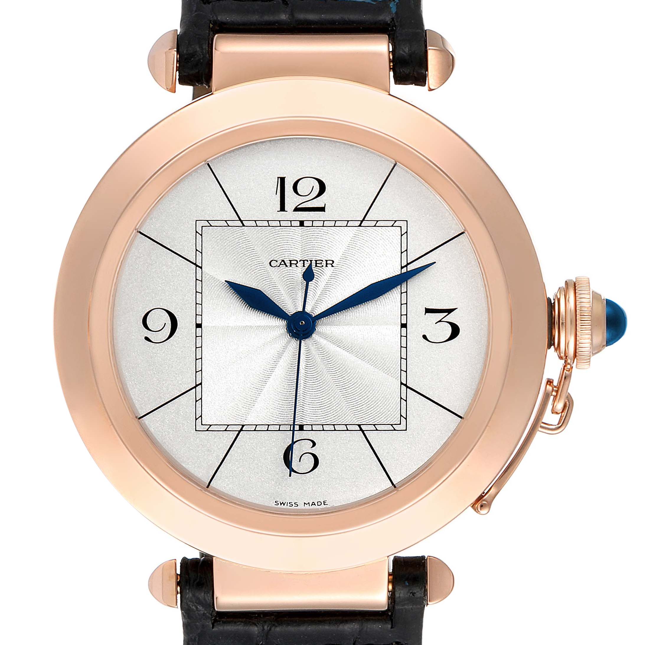 This image shows a frontal view of the Cartier Pasha W3019351 Men's Rose Gold Silver Dial W3019351 Men's Rose Gold Silver Dial watch, highlighting its dial, hands, crown, and strap attachment.
