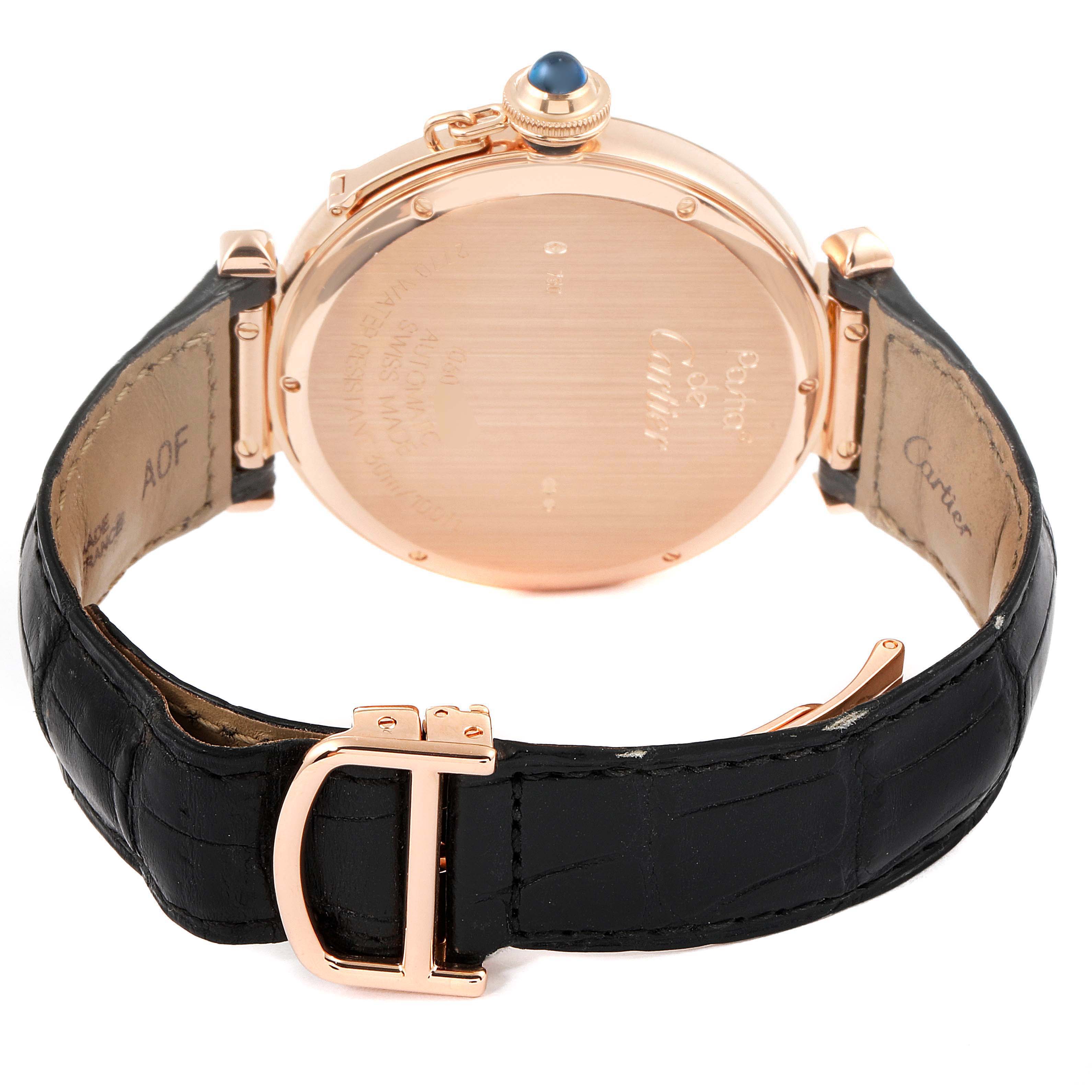 This image shows the back view of a Cartier Pasha W3019351 Men's Rose Gold Silver Dial W3019351 Men's Rose Gold Silver Dial watch, highlighting its case back, crown, and leather strap with clasp.