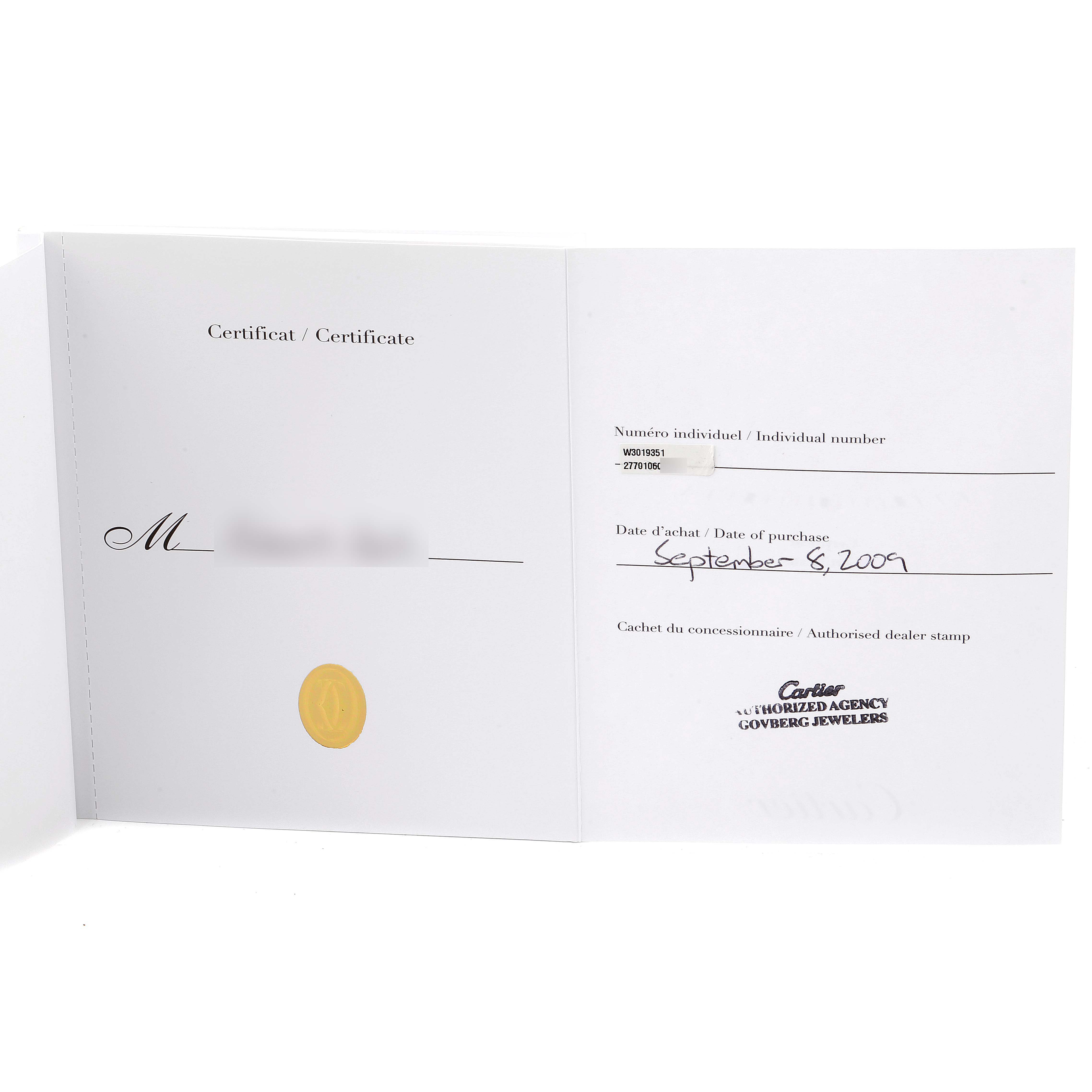 This image shows the certificate for the Cartier Pasha W3019351 Men's Rose Gold Silver Dial W3019351 Men's Rose Gold Silver Dial model watch, featuring purchase details and an authorized dealer stamp.