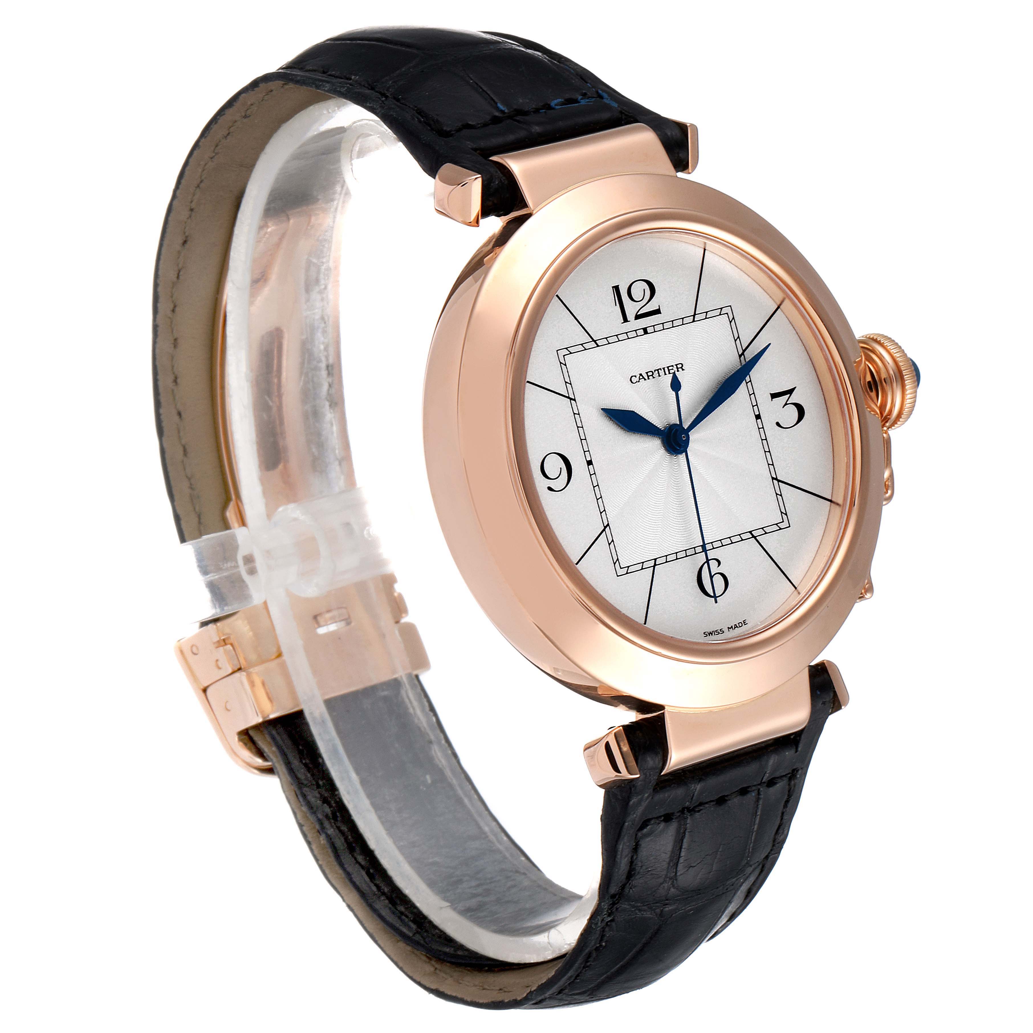 The image shows the Cartier Pasha W3019351 Men's Rose Gold Silver Dial W3019351 Men's Rose Gold Silver Dial watch at a three-quarter angle, highlighting the face, straps, and crown.