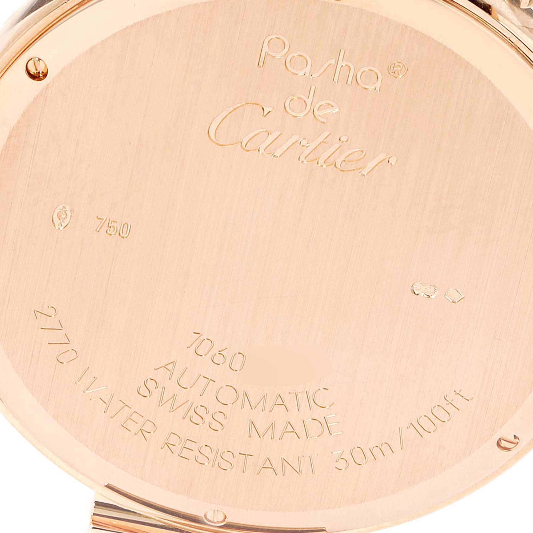 This image shows the back of a Cartier Pasha W3019351 Men's Rose Gold Silver Dial W3019351 Men's Rose Gold Silver Dial watch, highlighting the engravings and specifications.