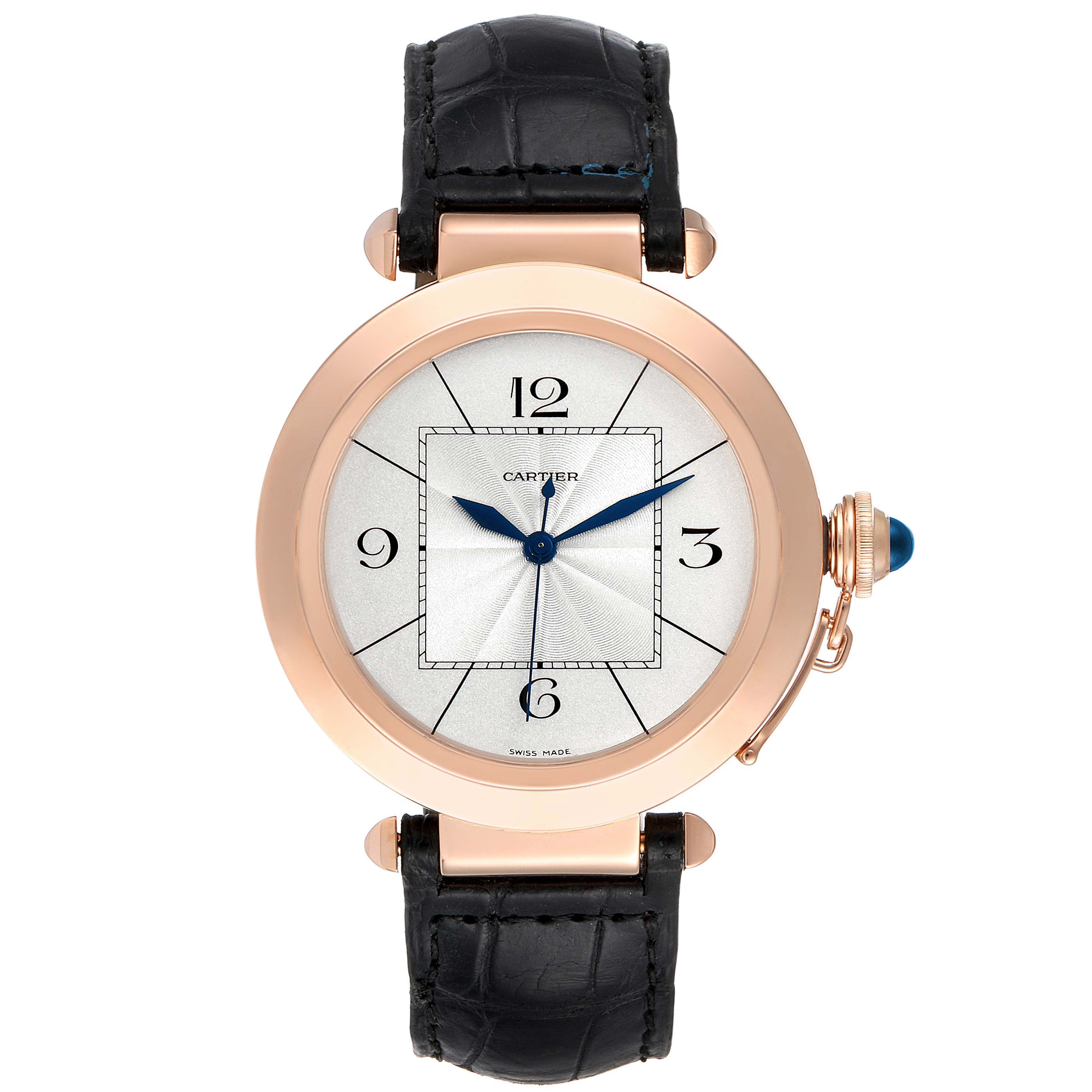 This image shows a Cartier Pasha W3019351 Men's Rose Gold Silver Dial W3019351 Men's Rose Gold Silver Dial watch from the front, featuring its face, bezel, crown, and part of its strap.