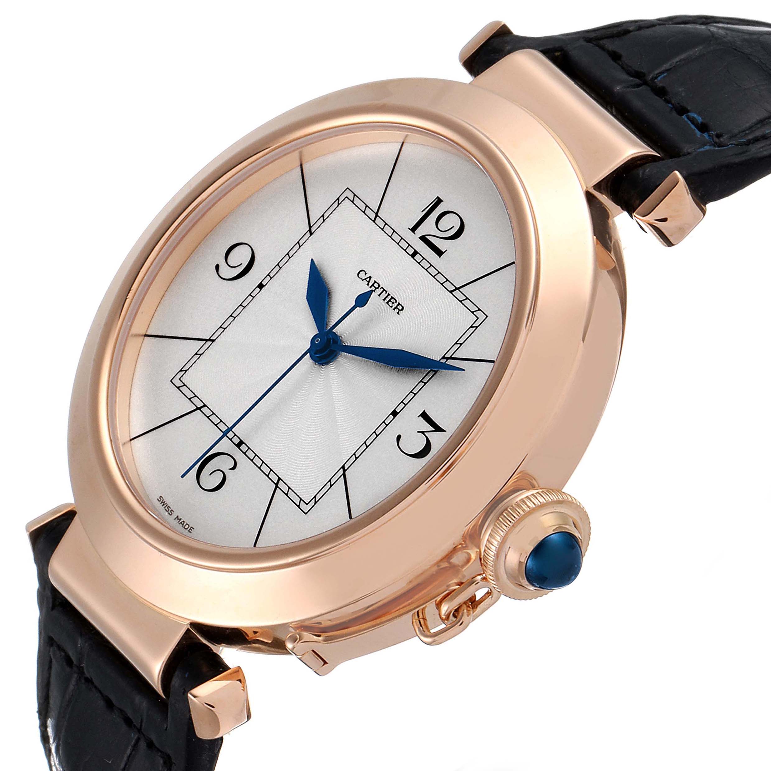 The image shows a Cartier Pasha W3019351 Men's Rose Gold Silver Dial W3019351 Men's Rose Gold Silver Dial watch from an angled side view, highlighting the dial, bezel, strap, and crown.