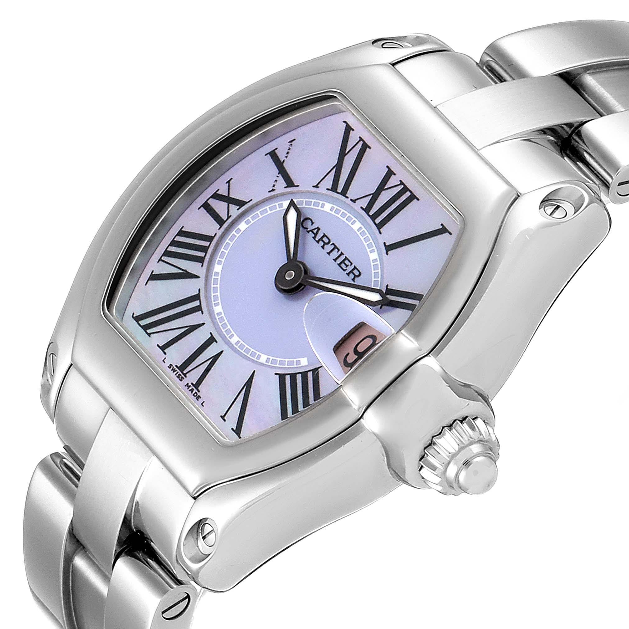 The Cartier Roadster W6206007 Women's Stainless Steel Mother of Pearl Dial W6206007 Women's Stainless Steel Mother of Pearl Dial watch is shown at a slight angle, highlighting the face, crown, and part of the bracelet.