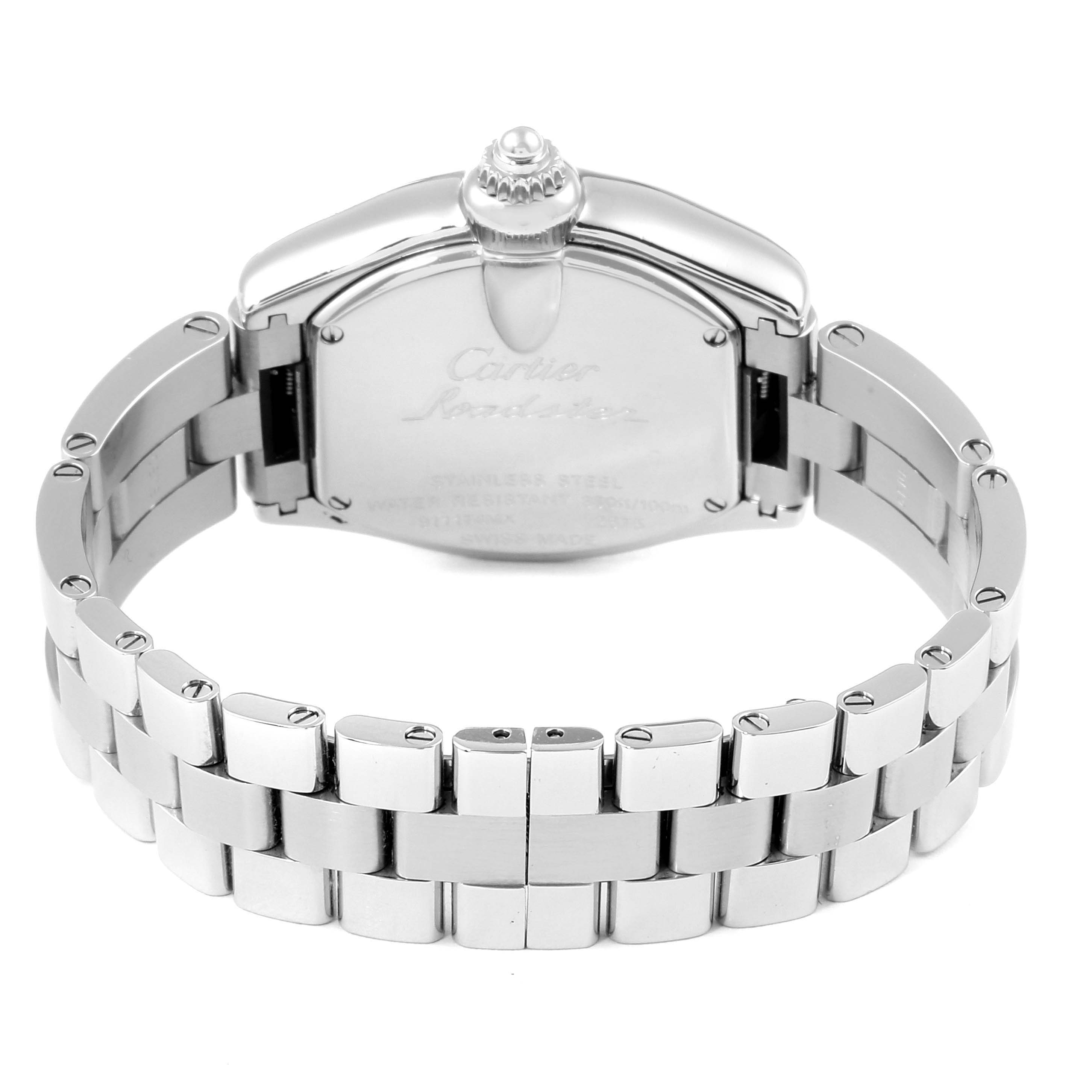 This image shows the back case and metal bracelet of the Cartier Roadster W6206007 Women's Stainless Steel Mother of Pearl Dial W6206007 Women's Stainless Steel Mother of Pearl Dial watch from a rear angle.