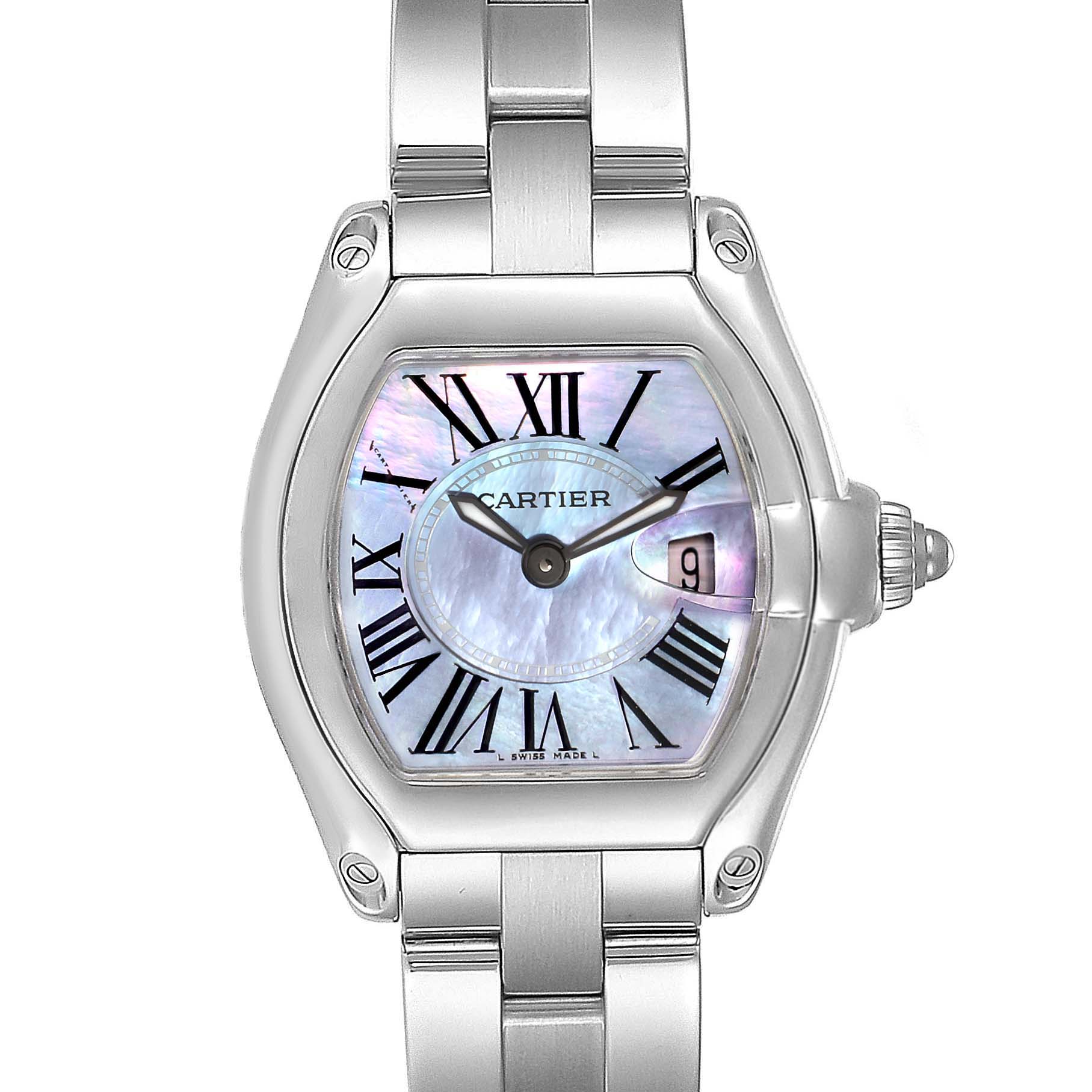 This image shows a front view of the Cartier Roadster W6206007 Women's Stainless Steel Mother of Pearl Dial W6206007 Women's Stainless Steel Mother of Pearl Dial watch, highlighting its face, case, and a portion of the bracelet.