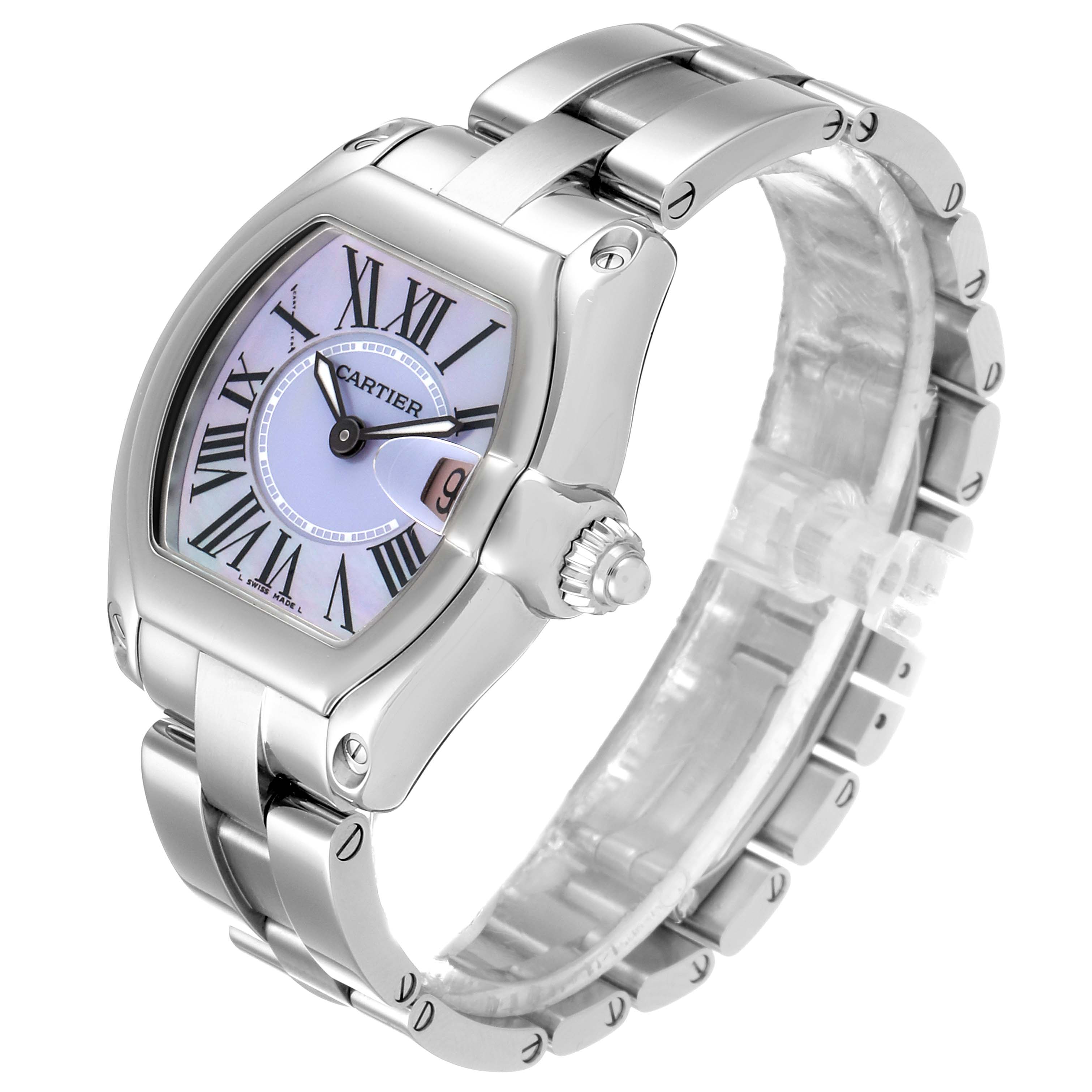 The Cartier Roadster W6206007 Women's Stainless Steel Mother of Pearl Dial W6206007 Women's Stainless Steel Mother of Pearl Dial watch is shown at an angled view, displaying its face, bezel, crown, and metal bracelet.