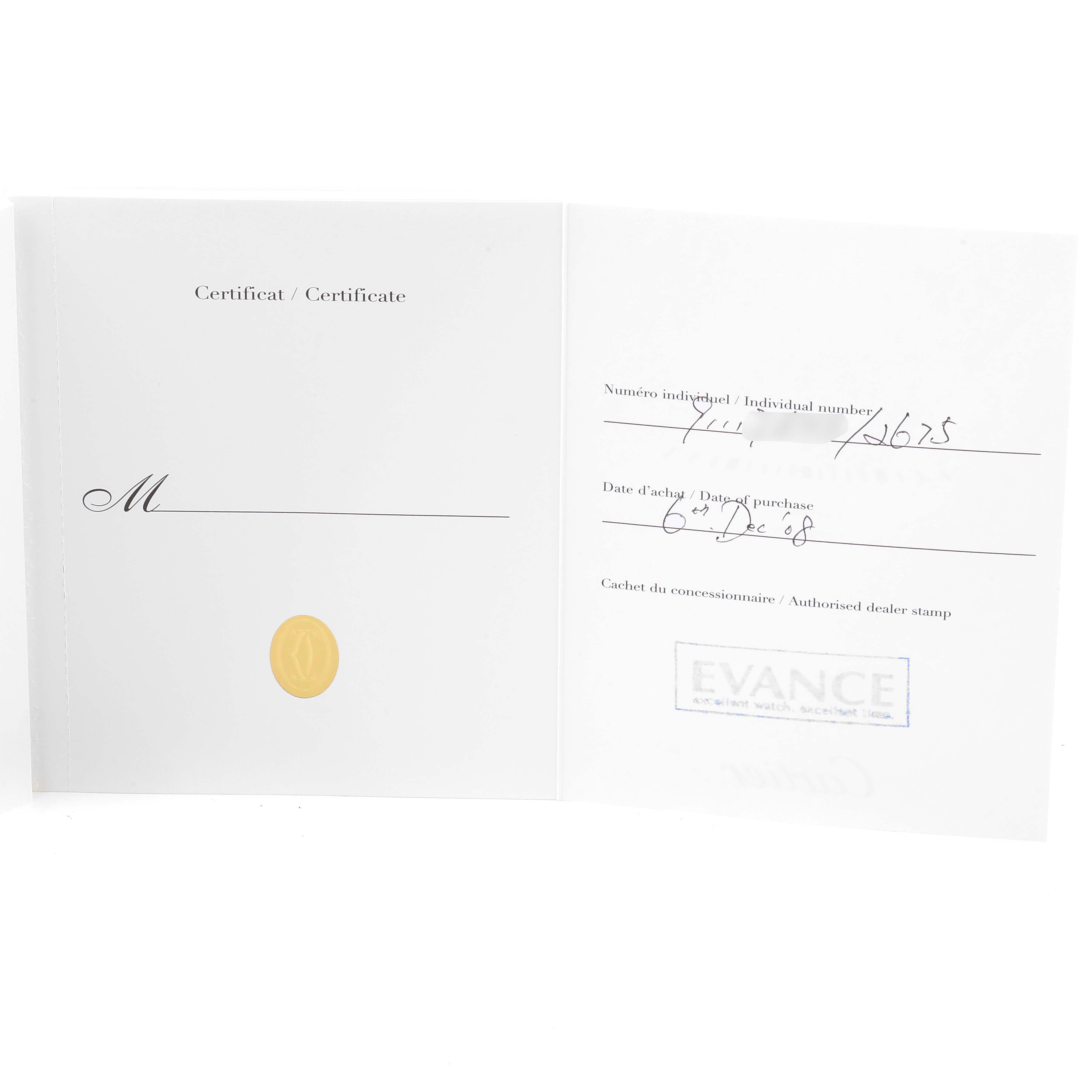 The image shows an open certificate for the Roadster model by Cartier, displaying purchase date and dealer stamp.