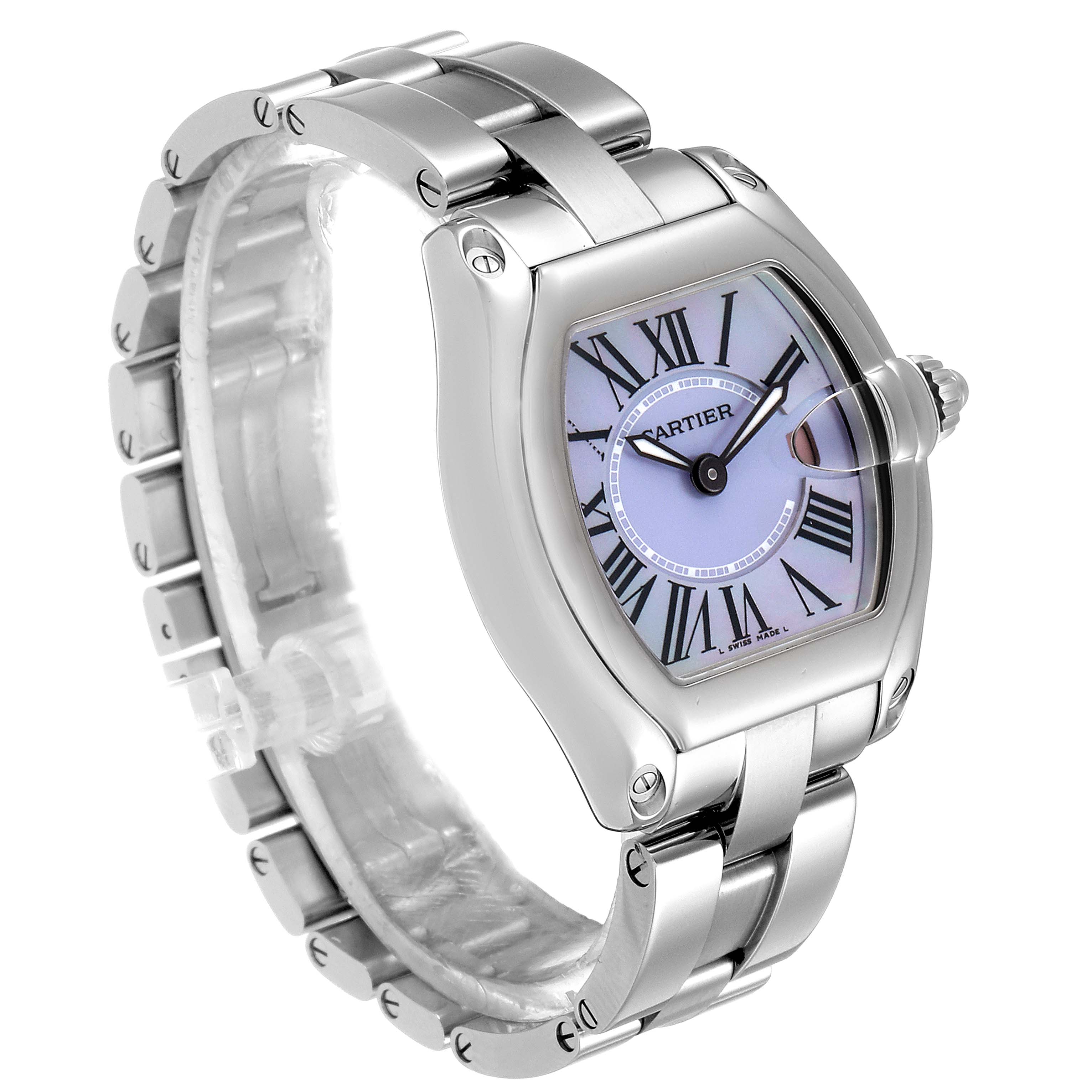 The image shows a side angle of a Cartier Roadster W6206007 Women's Stainless Steel Mother of Pearl Dial W6206007 Women's Stainless Steel Mother of Pearl Dial watch, highlighting its dial, bracelet, and crown.