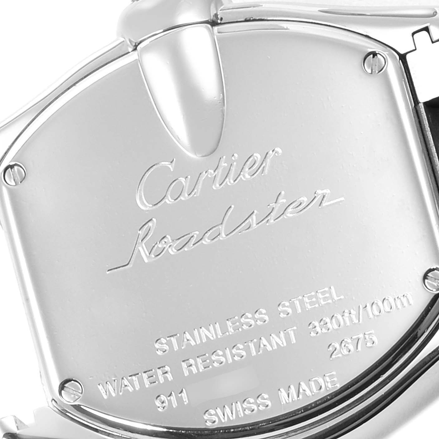 This image shows the back of a Roadster model by Cartier, highlighting the stainless steel case and water resistance details.