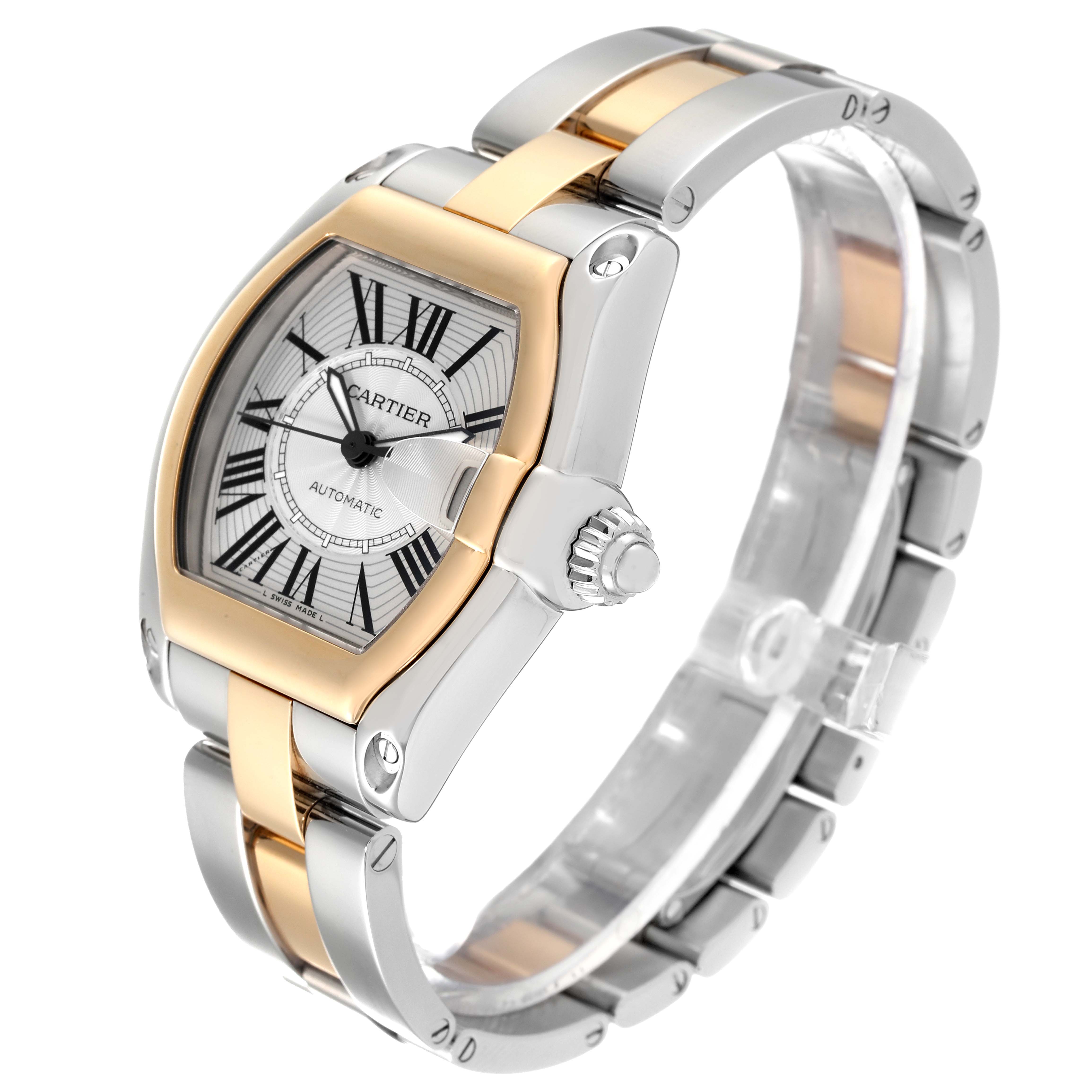 This image shows a Cartier Roadster W62031Y4 Men's Steel and Gold (two tone) Silver Dial W62031Y4 Men's Steel and Gold (two tone) Silver Dial watch from an angled side view, highlighting the face, crown, and two-tone metal bracelet.