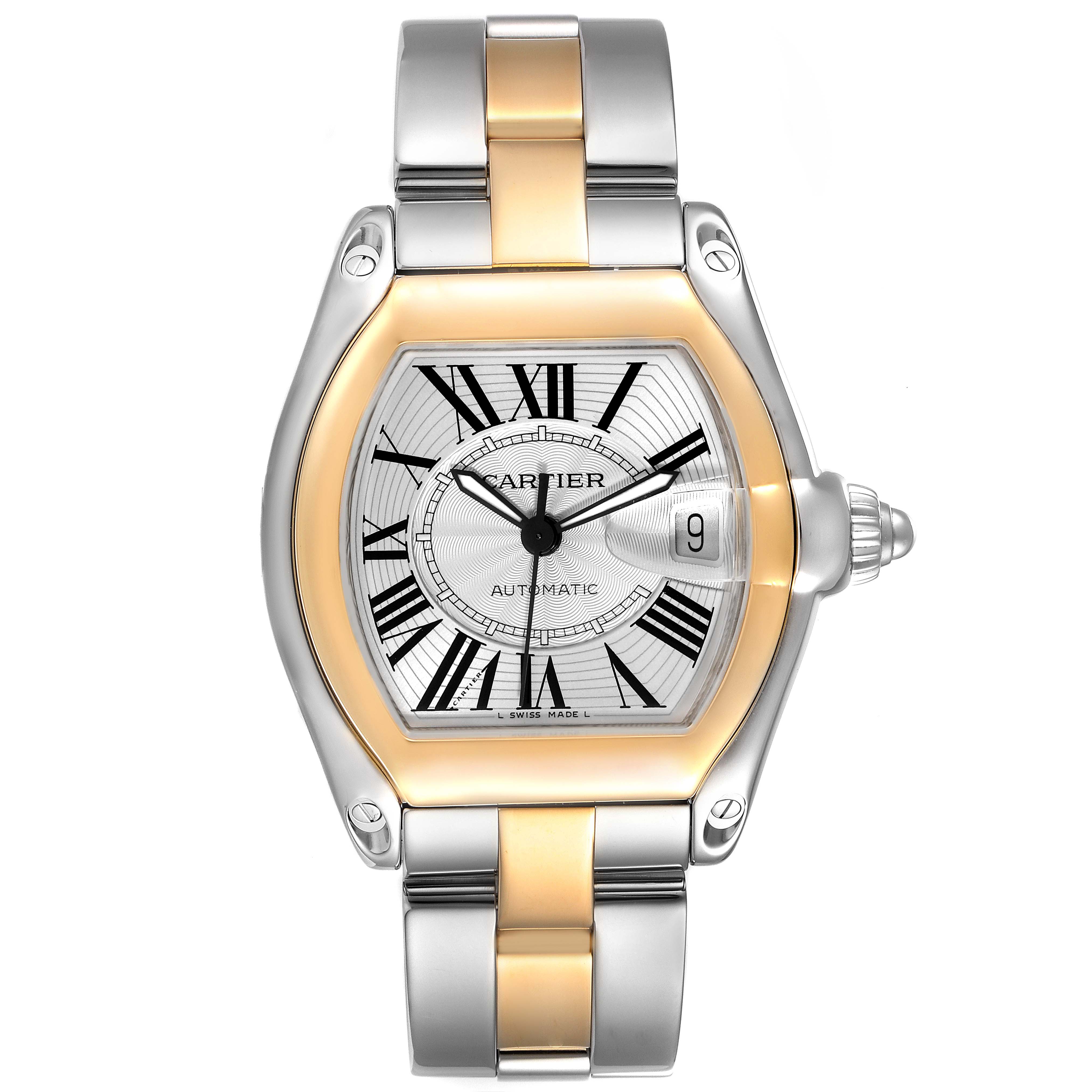 This image shows a frontal view of the Cartier Roadster W62031Y4 Men's Steel and Gold (two tone) Silver Dial W62031Y4 Men's Steel and Gold (two tone) Silver Dial watch, showcasing its face, bezel, and bracelet.