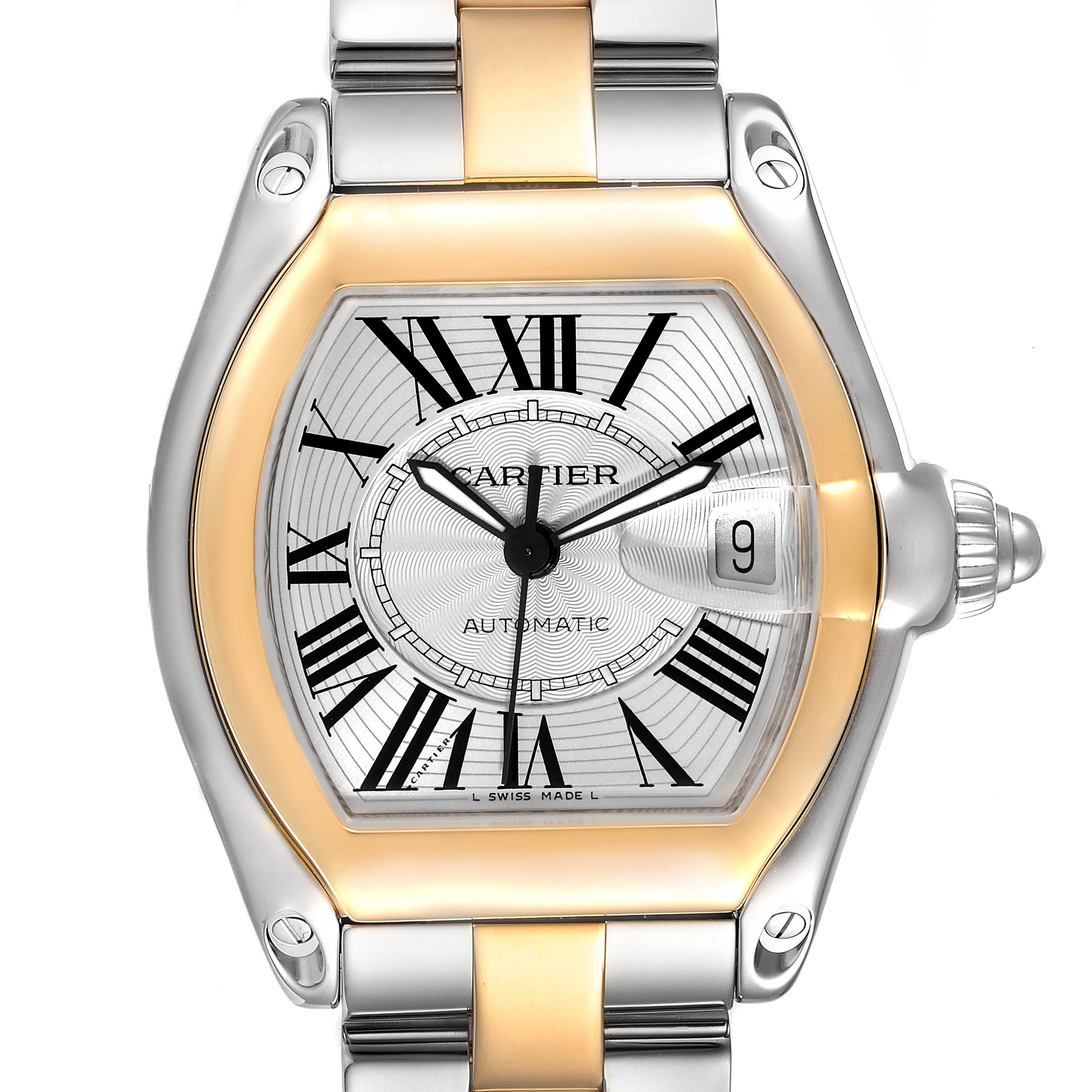 The image shows a front view of a Cartier Roadster W62031Y4 Men's Steel and Gold (two tone) Silver Dial W62031Y4 Men's Steel and Gold (two tone) Silver Dial watch, highlighting its face, bezel, and part of the bracelet.