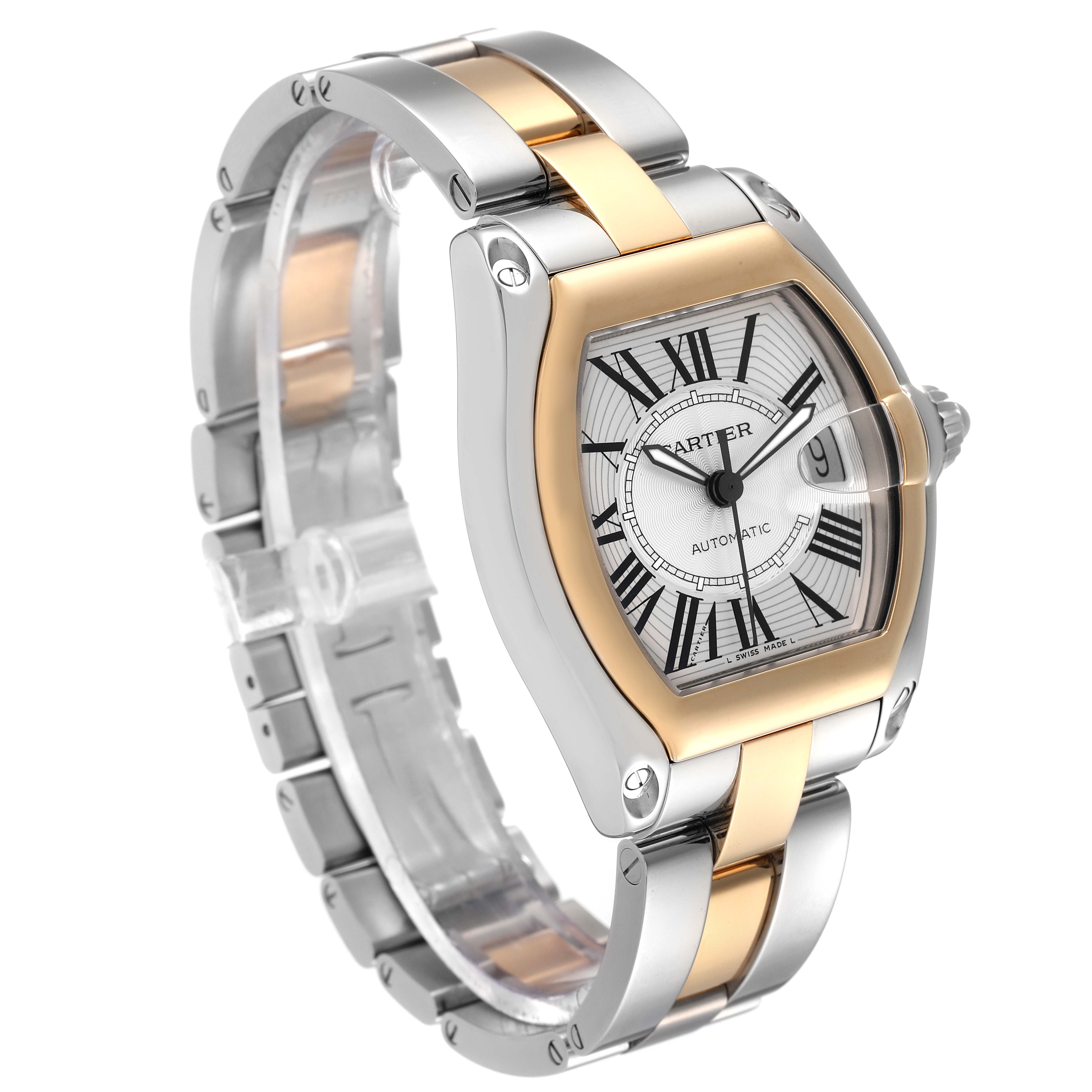 The Cartier Roadster W62031Y4 Men's Steel and Gold (two tone) Silver Dial W62031Y4 Men's Steel and Gold (two tone) Silver Dial watch is shown at a three-quarter angle, displaying its face, bezel, crown, and two-tone bracelet.