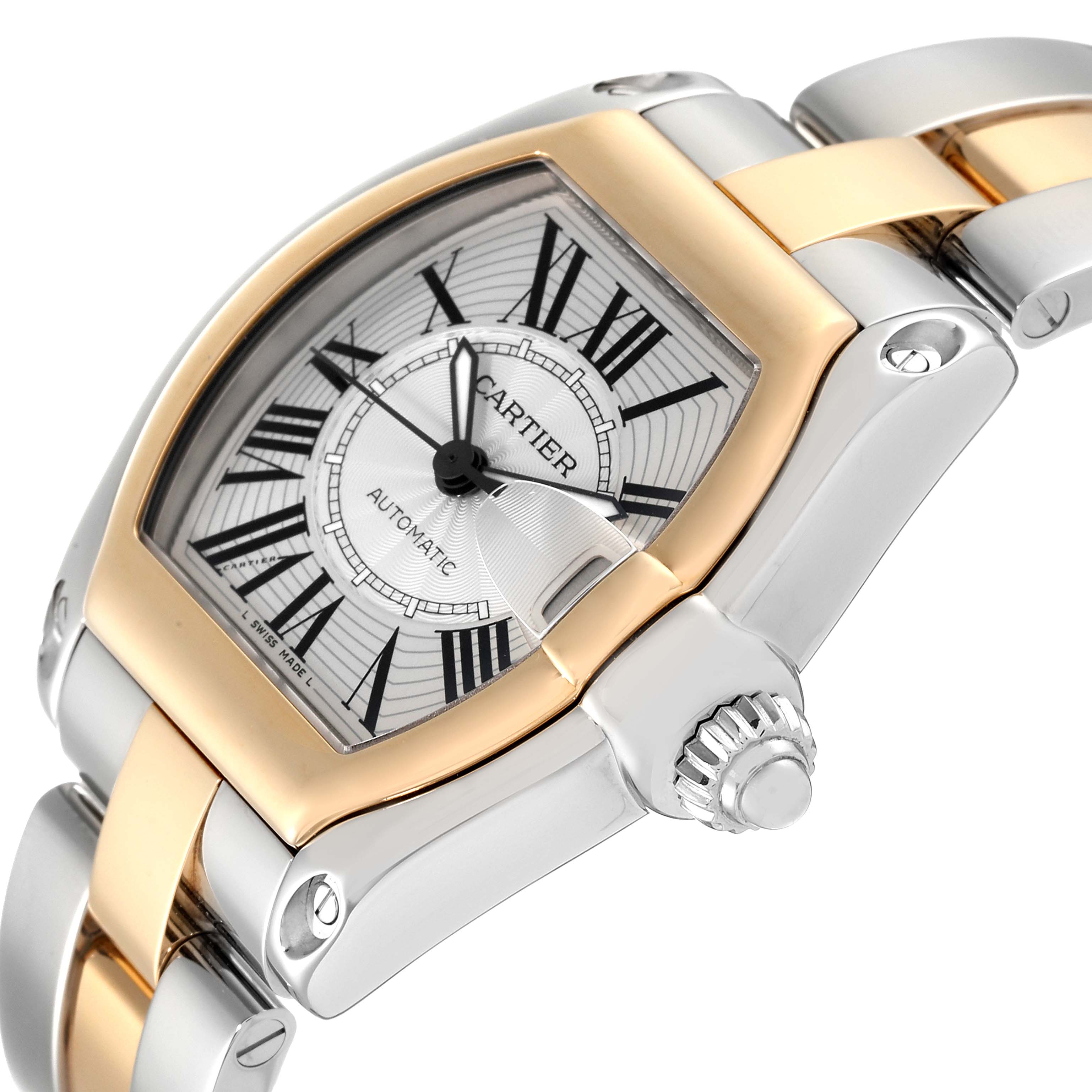 The image shows a close-up angled view of the face, bezel, crown, and part of the bracelet of the Cartier Roadster W62031Y4 Men's Steel and Gold (two tone) Silver Dial W62031Y4 Men's Steel and Gold (two tone) Silver Dial watch.