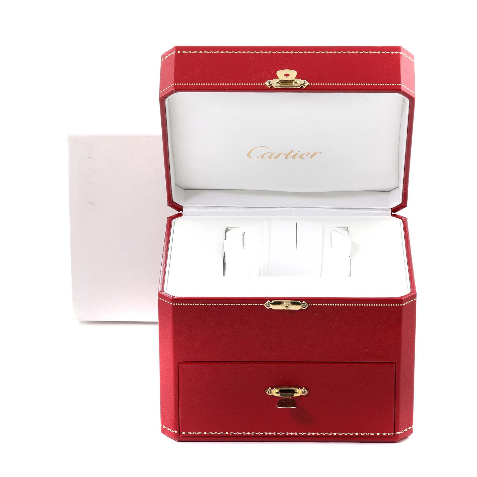 The image shows an open red Cartier box with a "Cartier" label inside, likely for the Roadster model watch.