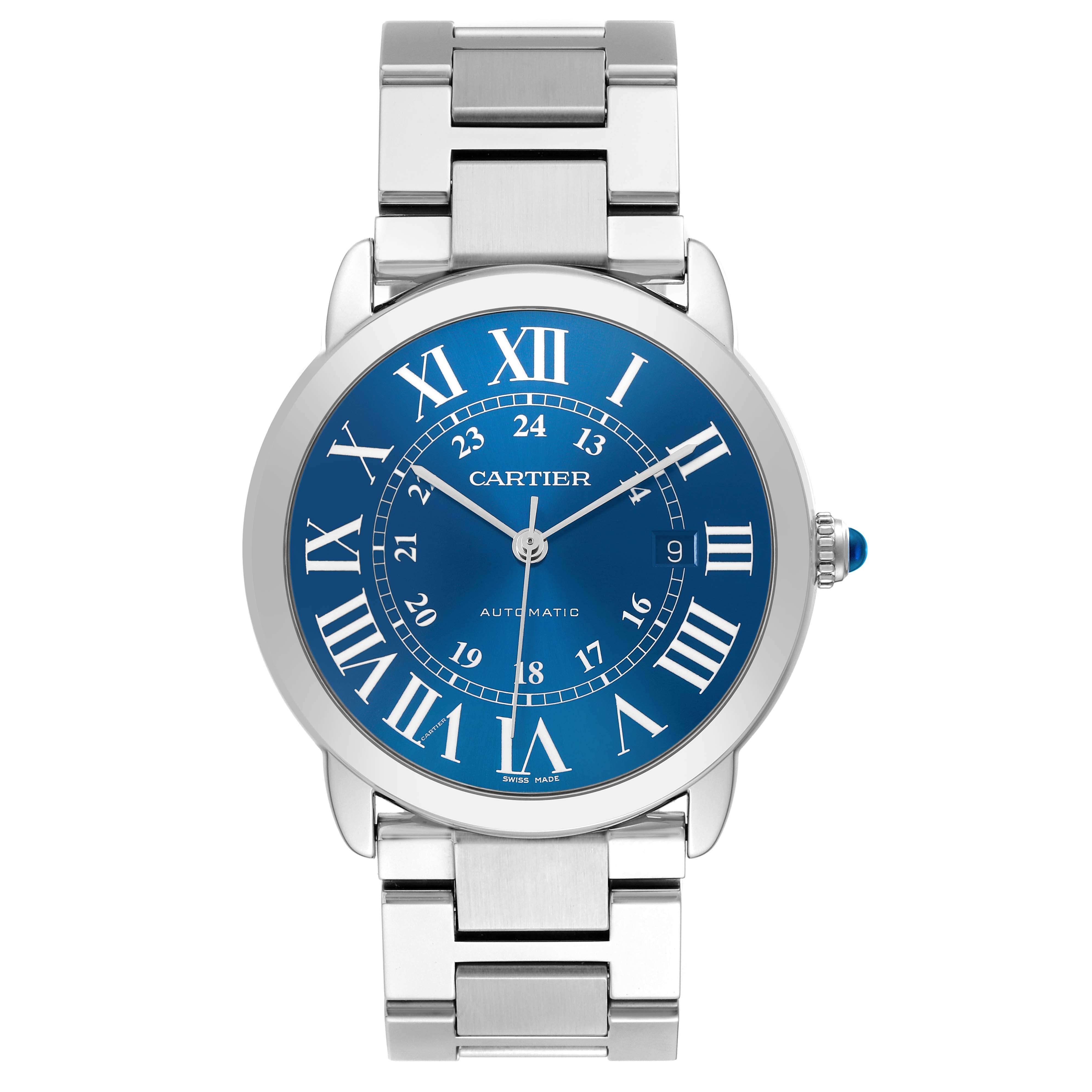 The Cartier Ronde WSRN0023 Men's Stainless Steel Blue Dial watch is shown from the front, displaying its blue dial, Roman numerals, and metal bracelet.