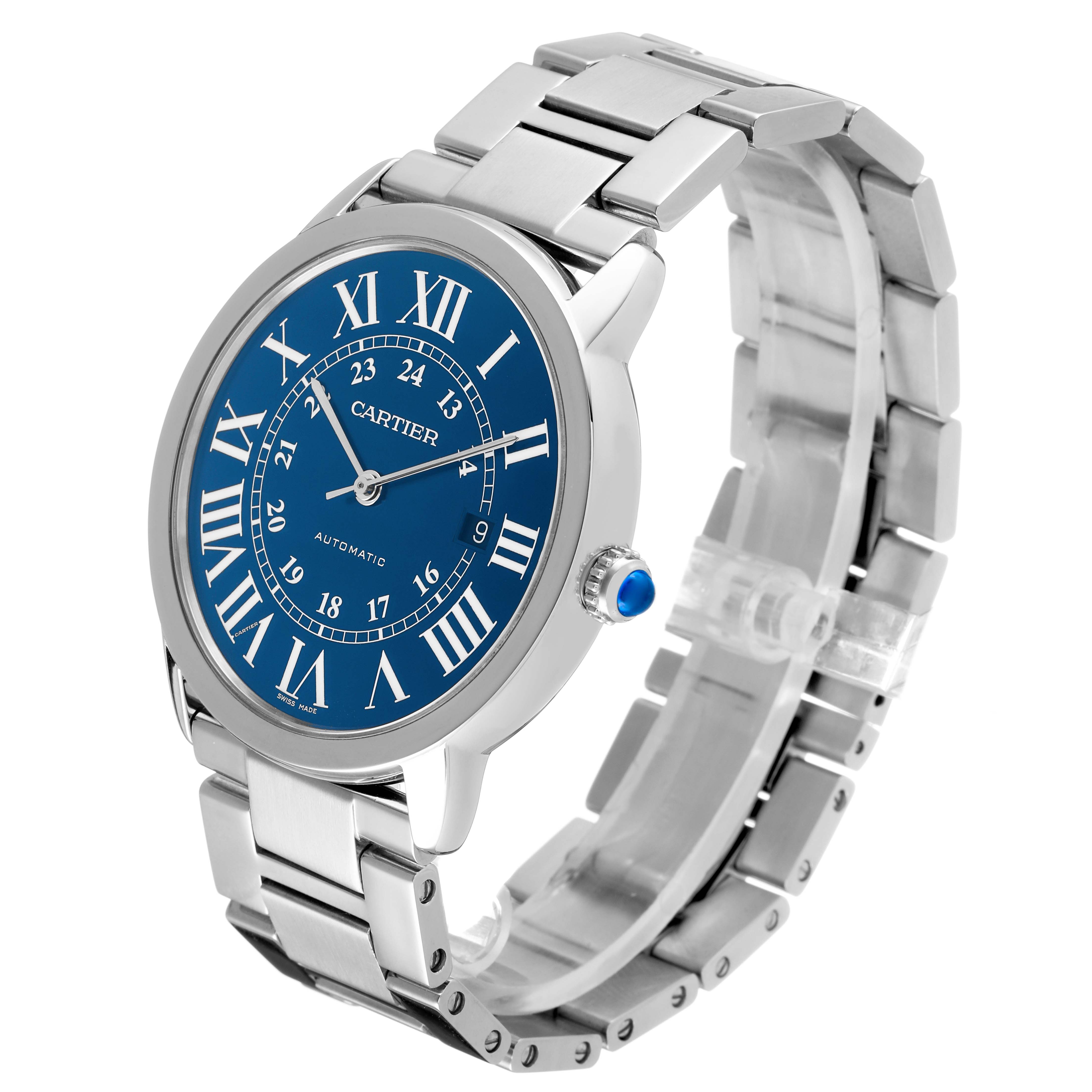 The Cartier Ronde WSRN0023 Men's Stainless Steel Blue Dial watch is shown at a three-quarter angle, highlighting its blue dial, Roman numerals, and metal bracelet.