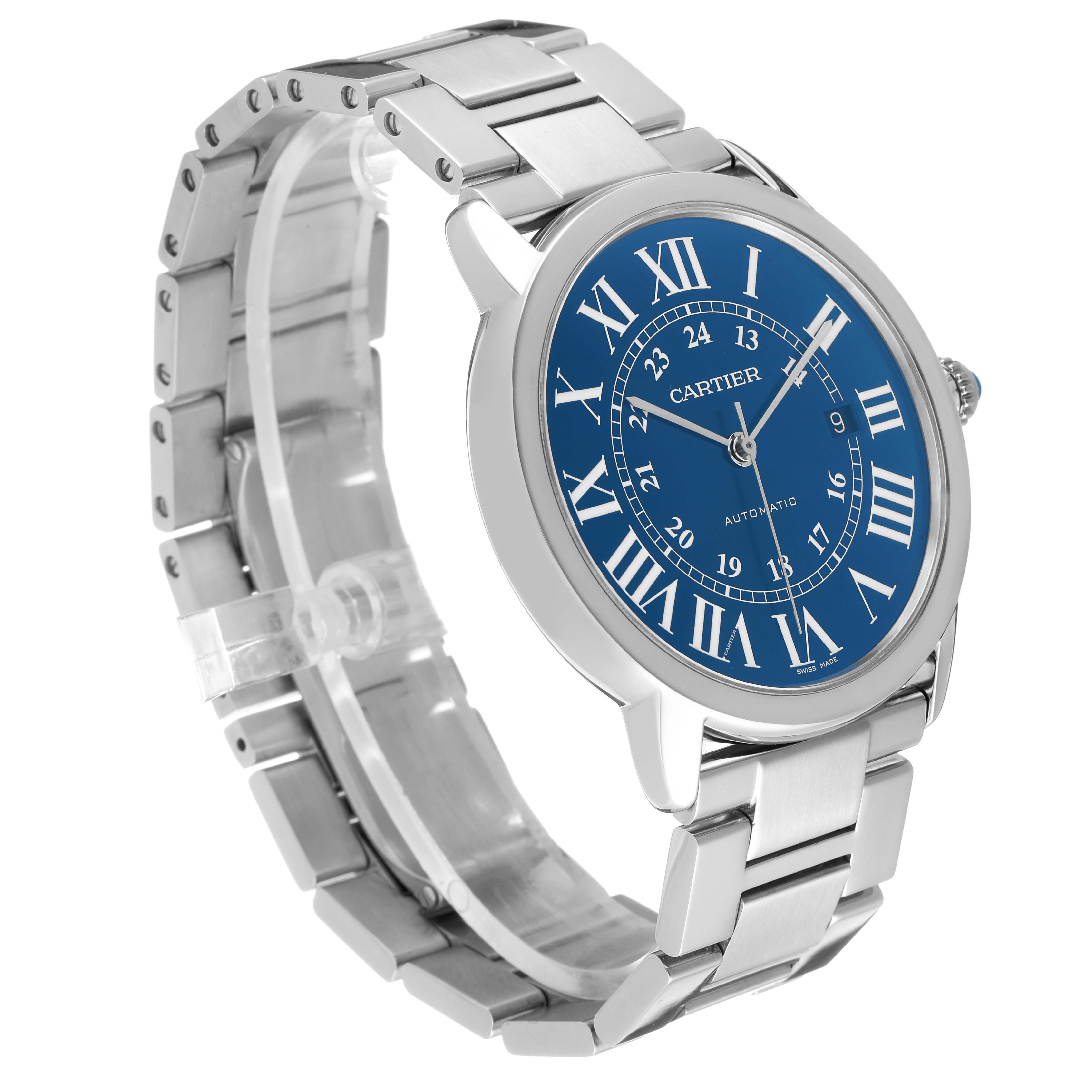 The Cartier Ronde WSRN0023 Men's Stainless Steel Blue Dial watch is shown at a three-quarter angle, highlighting its blue dial, Roman numerals, and metal bracelet.