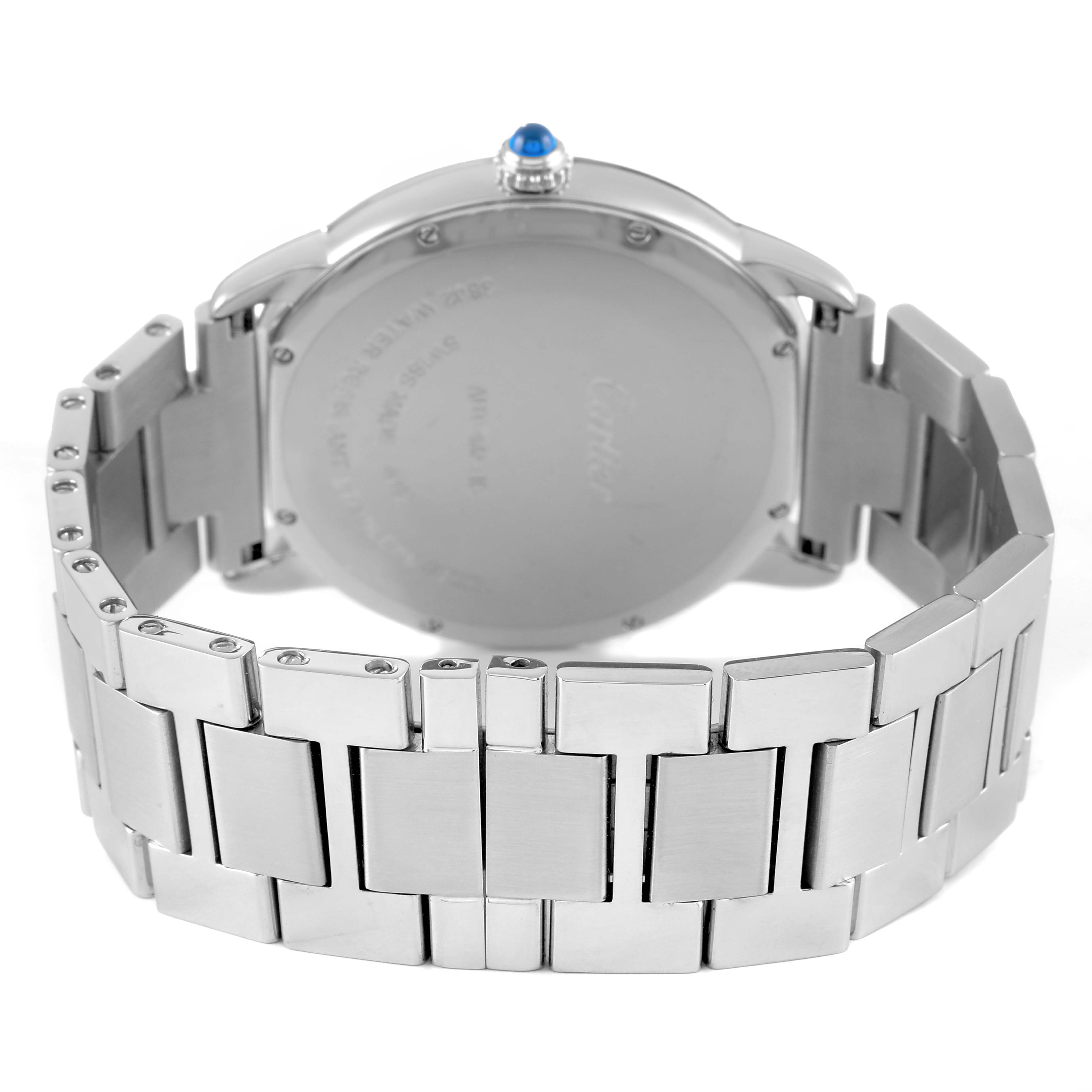 The image shows the back view of the Cartier Ronde WSRN0023 Men's Stainless Steel Blue Dial watch, highlighting the case back, bracelet, and crown with a blue cabochon.